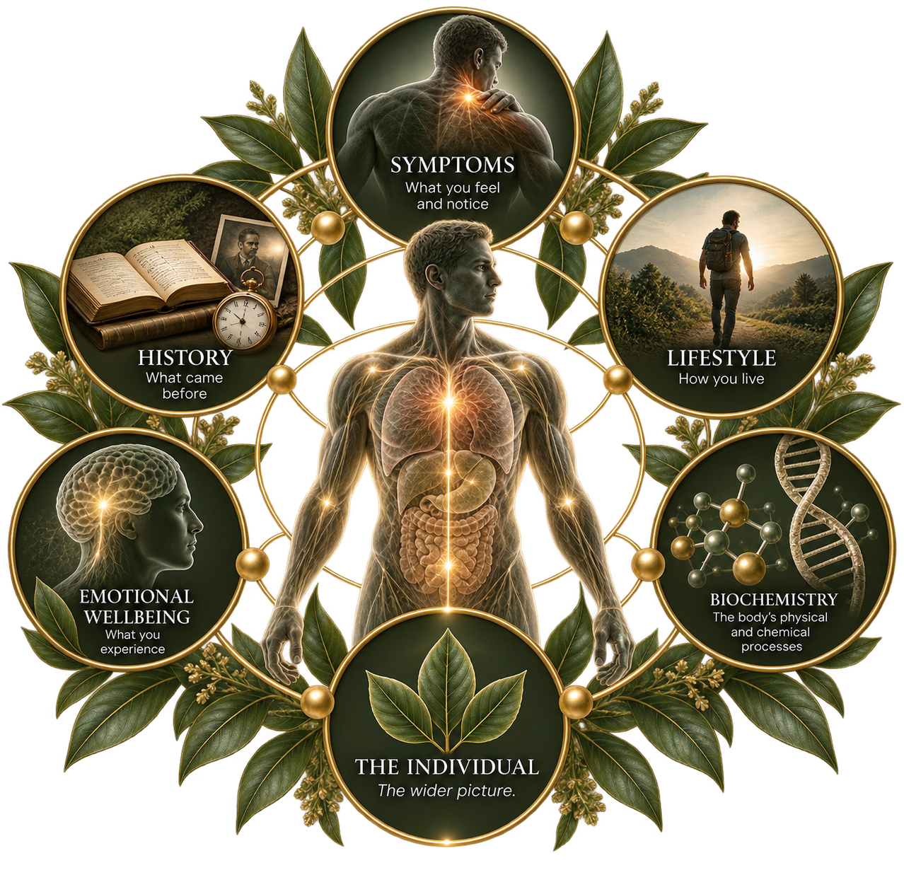 Diagram of a human body with interconnected circles highlighting health factors: symptoms, history, emotional wellbeing, lifestyle, biochemistry, and the individual, surrounded by green leaves.