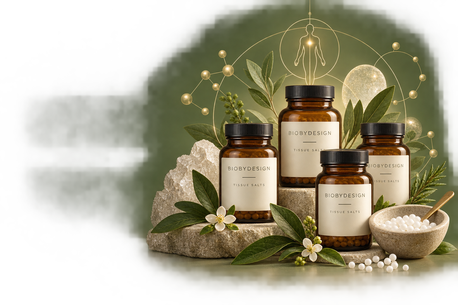 Bottles of BiobyDesign tissue salts surrounded by green leaves, white flowers, moon illustration, and crystalline rocks, with a bowl of white pellets and herbal elements on a rock surface against a dark green background.