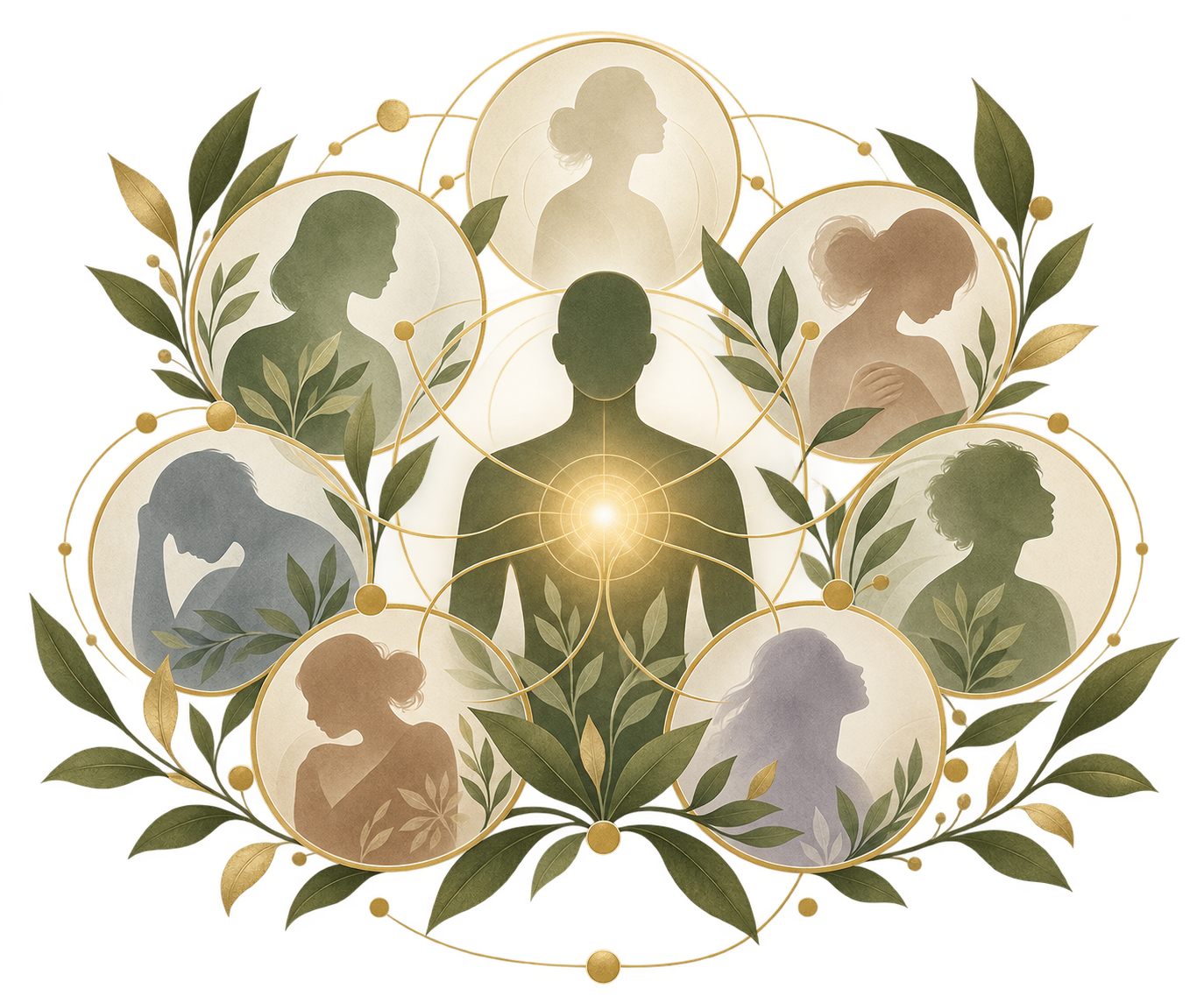 Illustration of nine silhouettes of women in various poses with botanical leaves, connected by gold lines, centered around a glowing light in the chest of the central figure, surrounded by a circular arrangement of leaves.