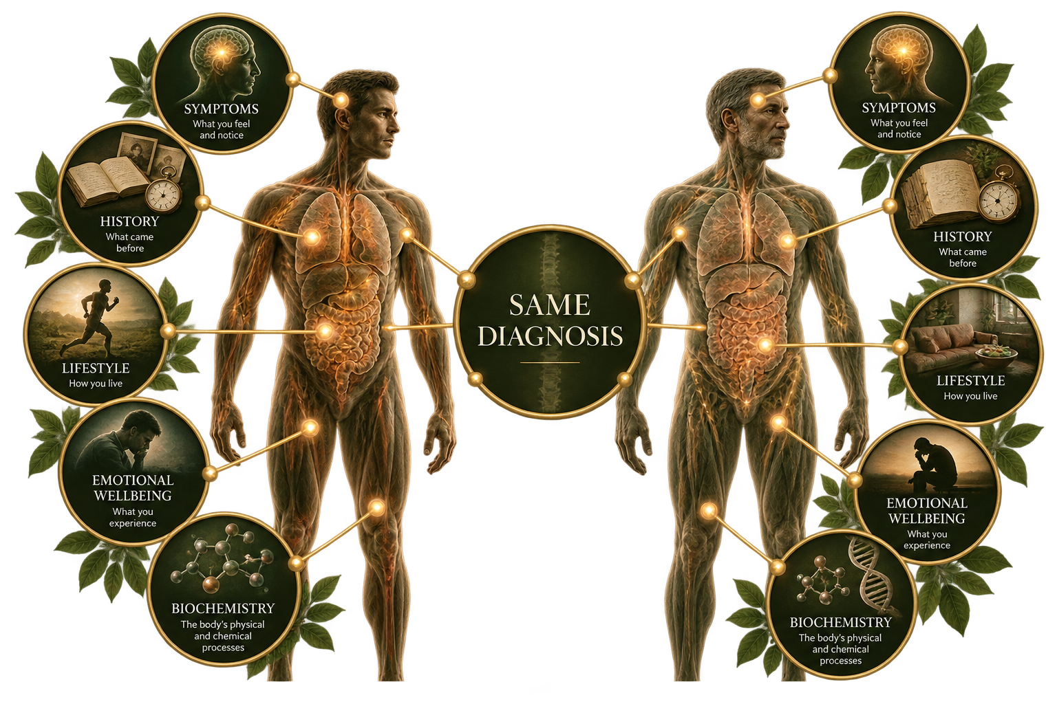 Diagram comparing two human bodies with medical and lifestyle annotations, highlighting symptoms, history, lifestyle, emotional wellbeing, and biochemistry, centered around the phrase 'Same Diagnosis'.