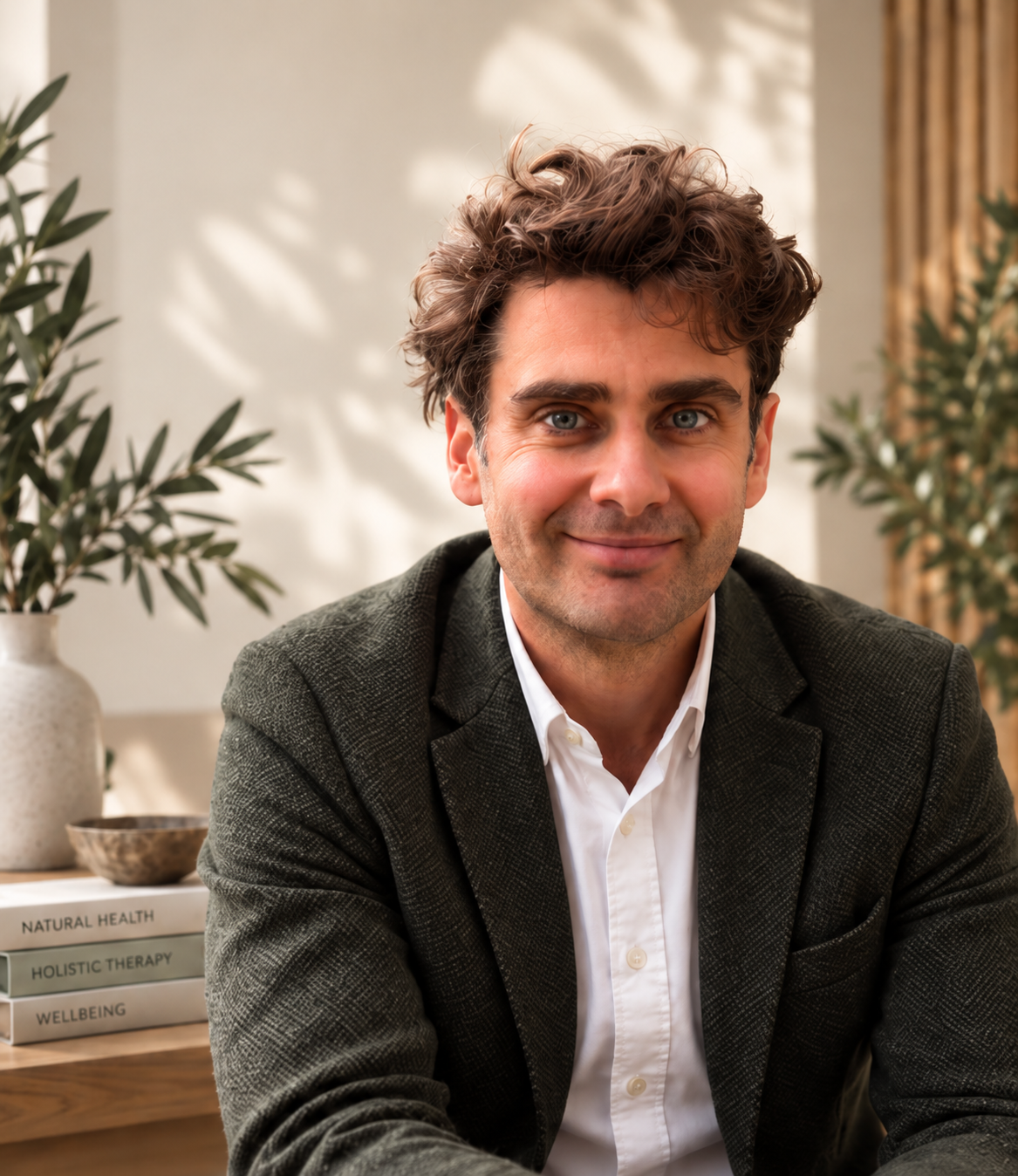 A man with dark, curly hair and blue eyes smiling while sitting at a desk in a well-lit room with plants and books.