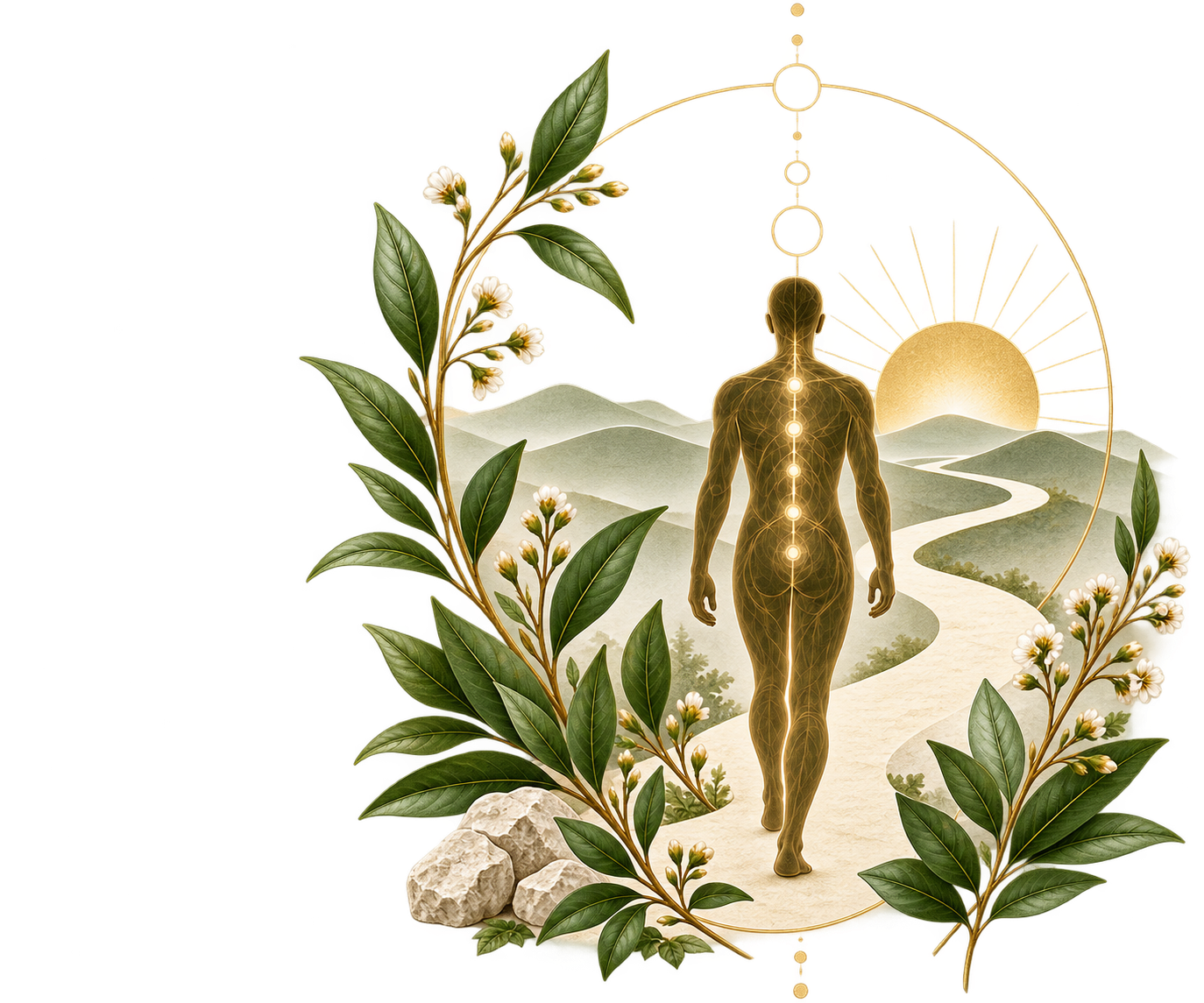 A digital illustration of a human figure standing on a winding path in a natural landscape, with a sun rising over hills in the background. The figure is outlined with glowing lines representing energy or pathways. Surrounding the scene are illustrated green leaves and small white flowers, arranged in a circular pattern.