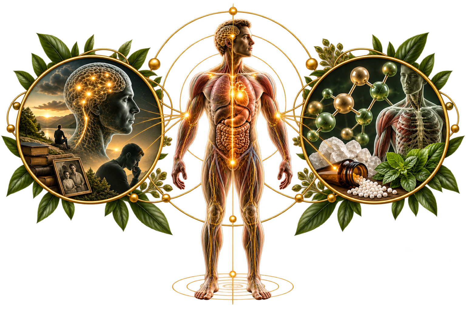 A digital illustration of human anatomy highlighting the nervous and muscular systems, with circular inset images representing mental health and the effects of substances like pills and molecules, surrounded by green leaves.