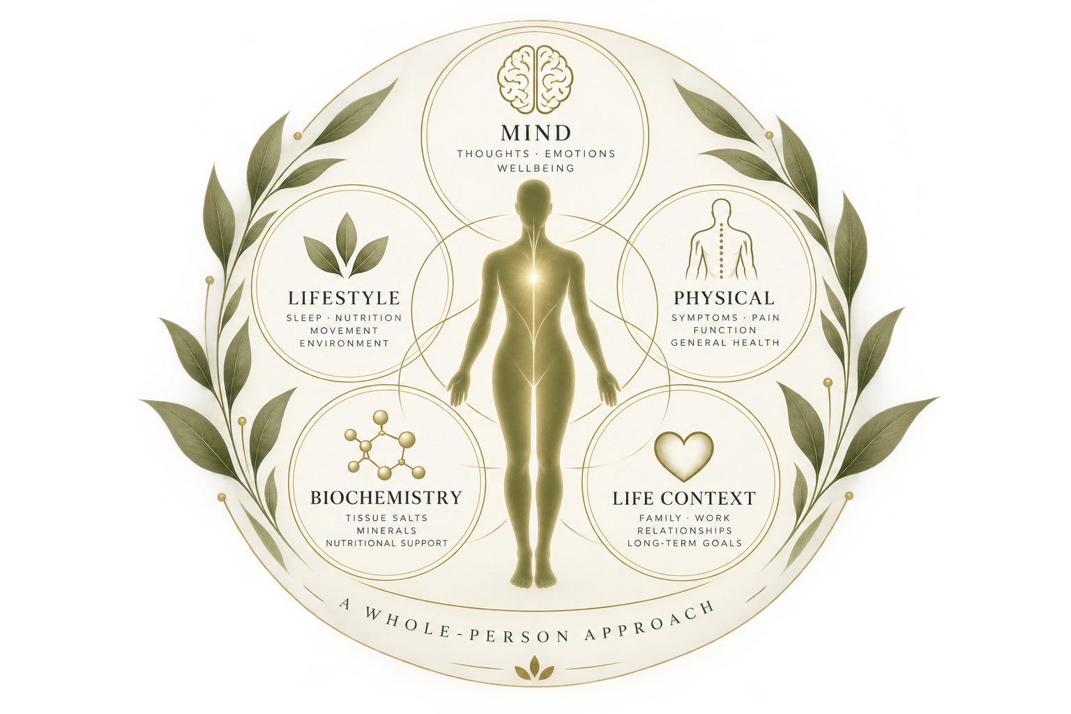 A diagram illustrating a holistic approach to well-being, featuring a human silhouette at the center with circles representing mind, lifestyle, biochemistry, physical health, and life context, surrounded by green leaves.