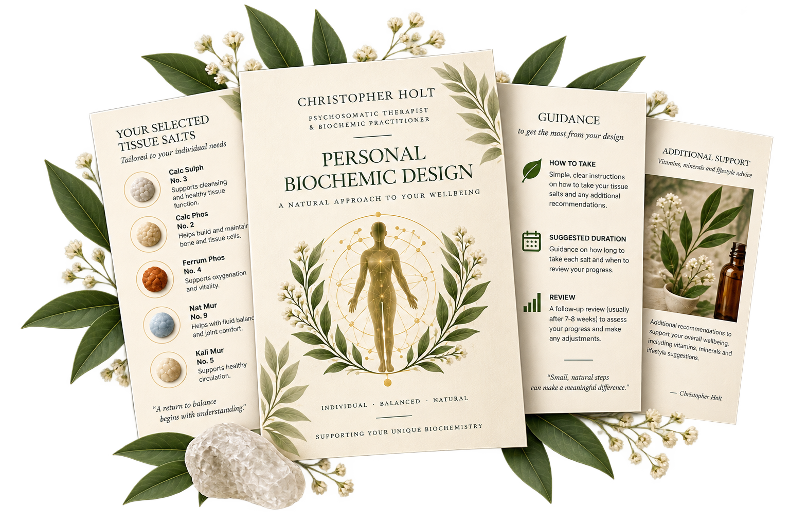 Pamphlet on personal biogenic design with botanical decorations, including leaves and white flowers, and information about tissue salts, guidance on usage, and additional support with images of herbal elements.