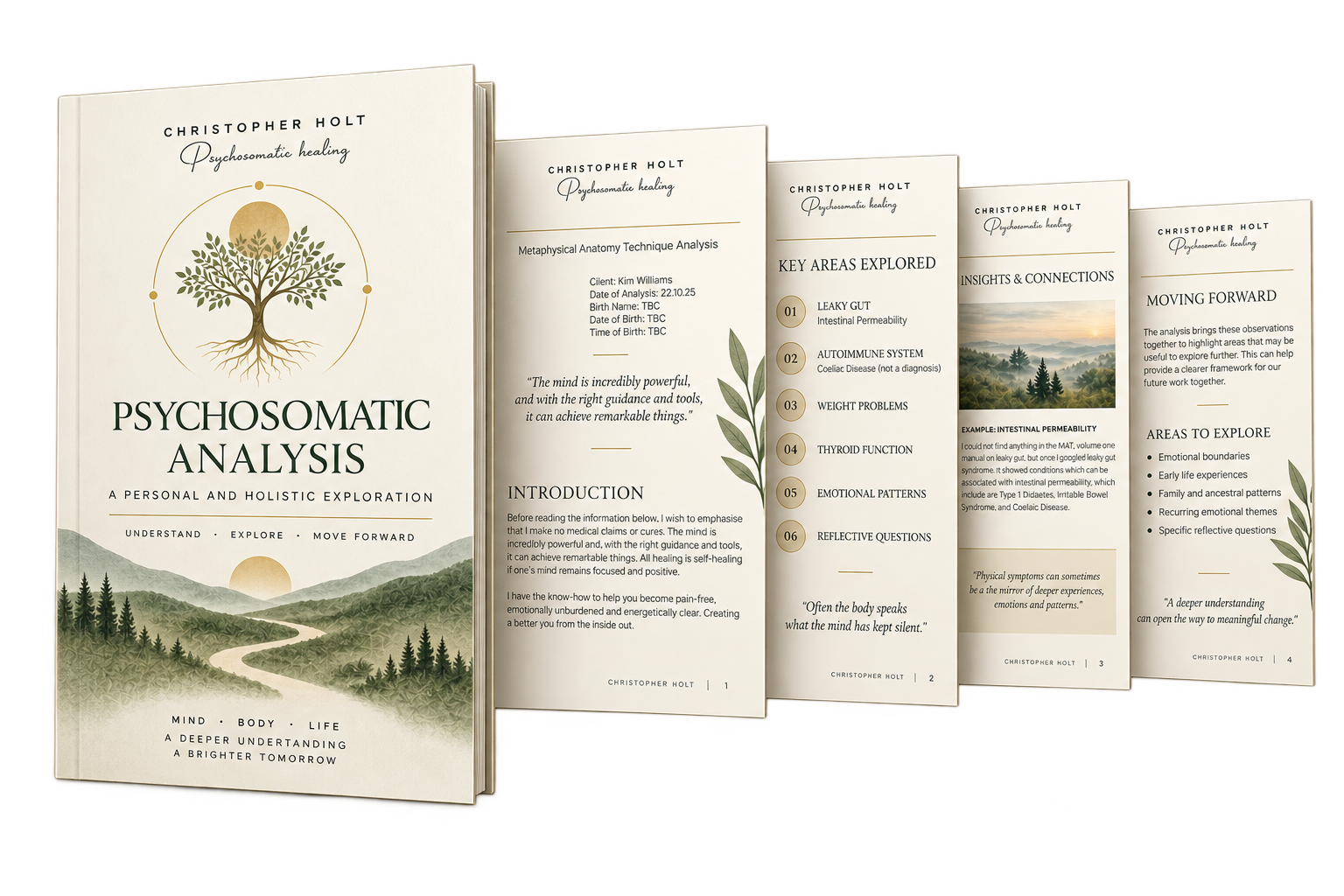 Open book titled 'Psychosomatic Analysis' by Christopher Holt with pages showing sections on metaphysical anatomy, key areas explored, insights, and moving forward, accompanied by botanical illustrations and landscape imagery.