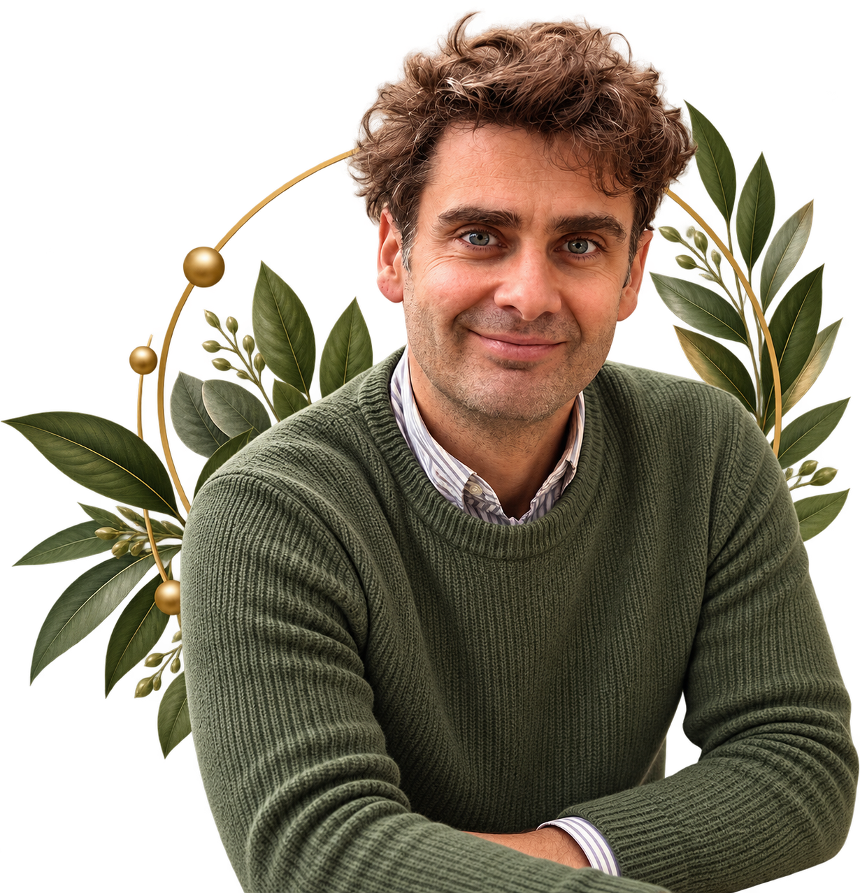 Portrait of a smiling man with curly brown hair, wearing a green sweater over a collared shirt, with decorative leaves and gold accents in the background.
