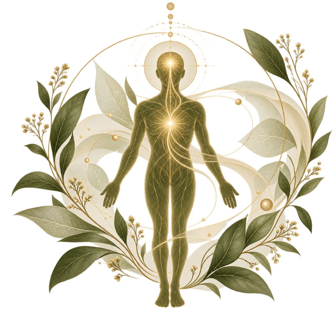 A digital illustration of a human body with inner light and energy lines, surrounded by leaves and botanical elements, with a radiant halo around the head.