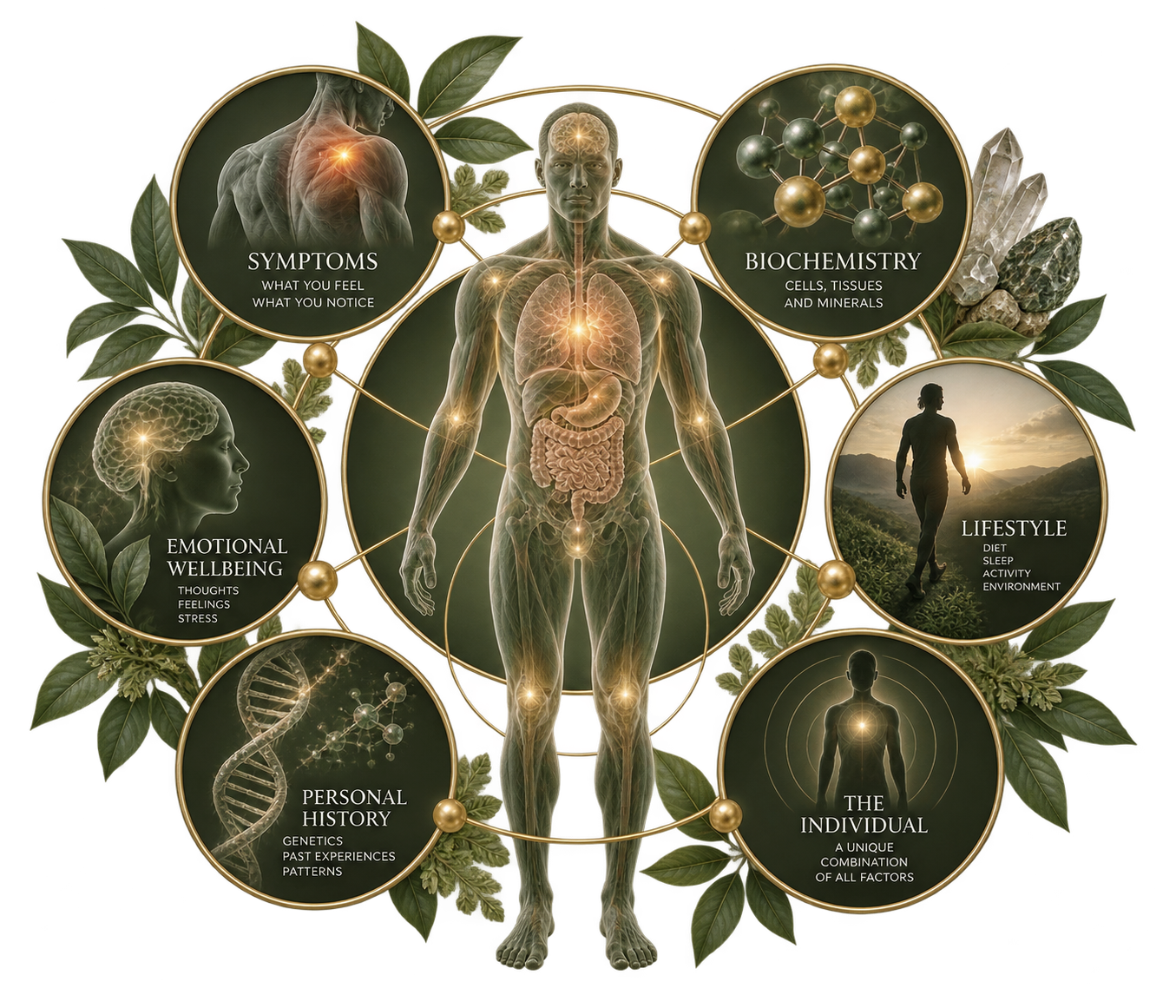 Diagram of a human body surrounded by interconnected circles labeled with health and wellbeing factors such as symptoms, biochemistry, lifestyle, individual, personal history, emotional wellbeing, and the human brain, with leaves and crystals as decoration.