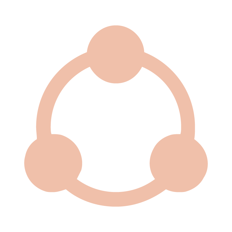 Illustration of a circular process diagram connected by three peach-colored circles and a ring, with black arrows indicating flow clockwise.