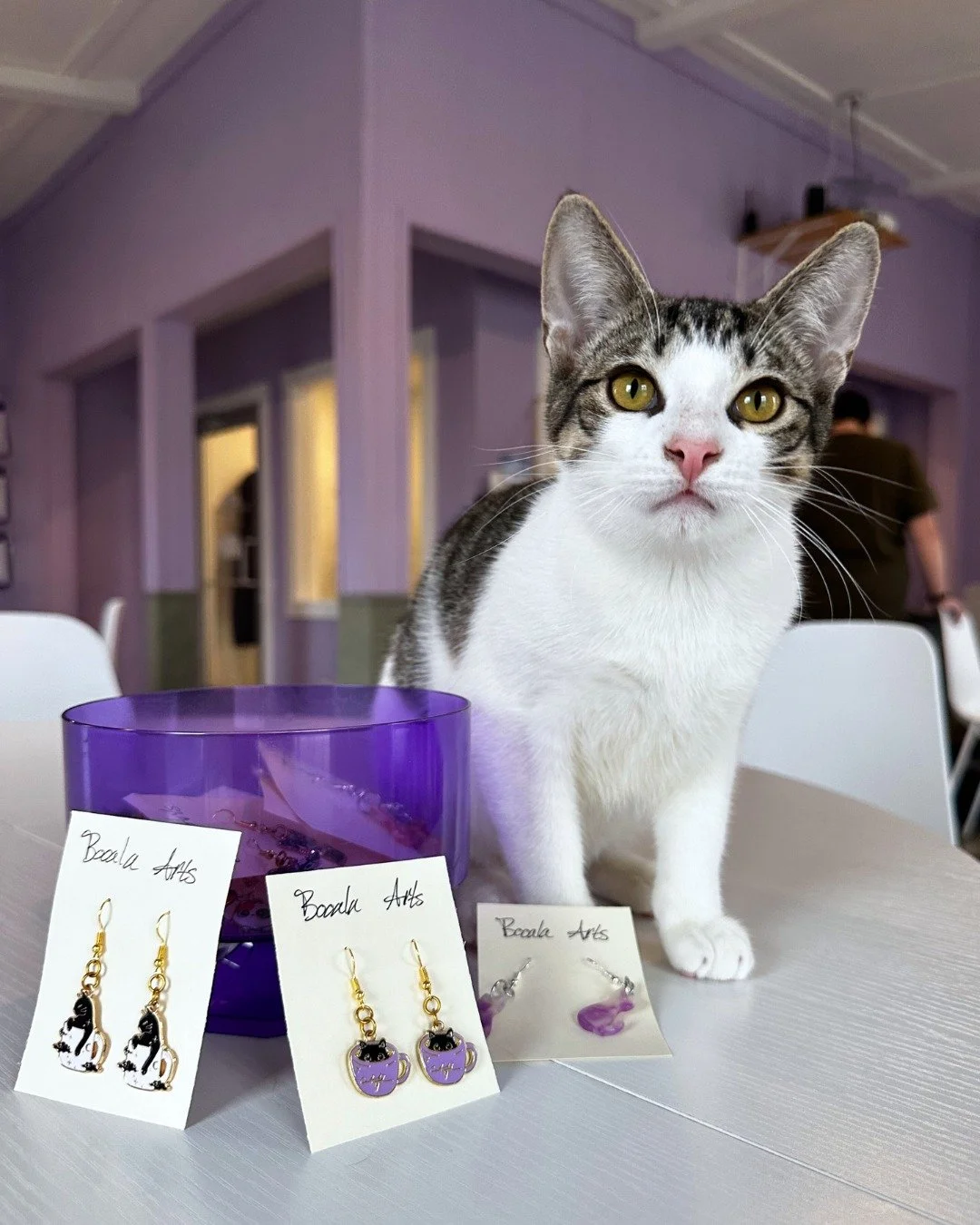 Mr. Purrista is all ears for the new earrings we have at the cafe from @booalaarts. We're obsessed with the pair he picked out for himself! ✨

Add a pair to your collection while supporting our rescue cats! #thismerchsavescats 

📷: Mr. Purrista (Ado