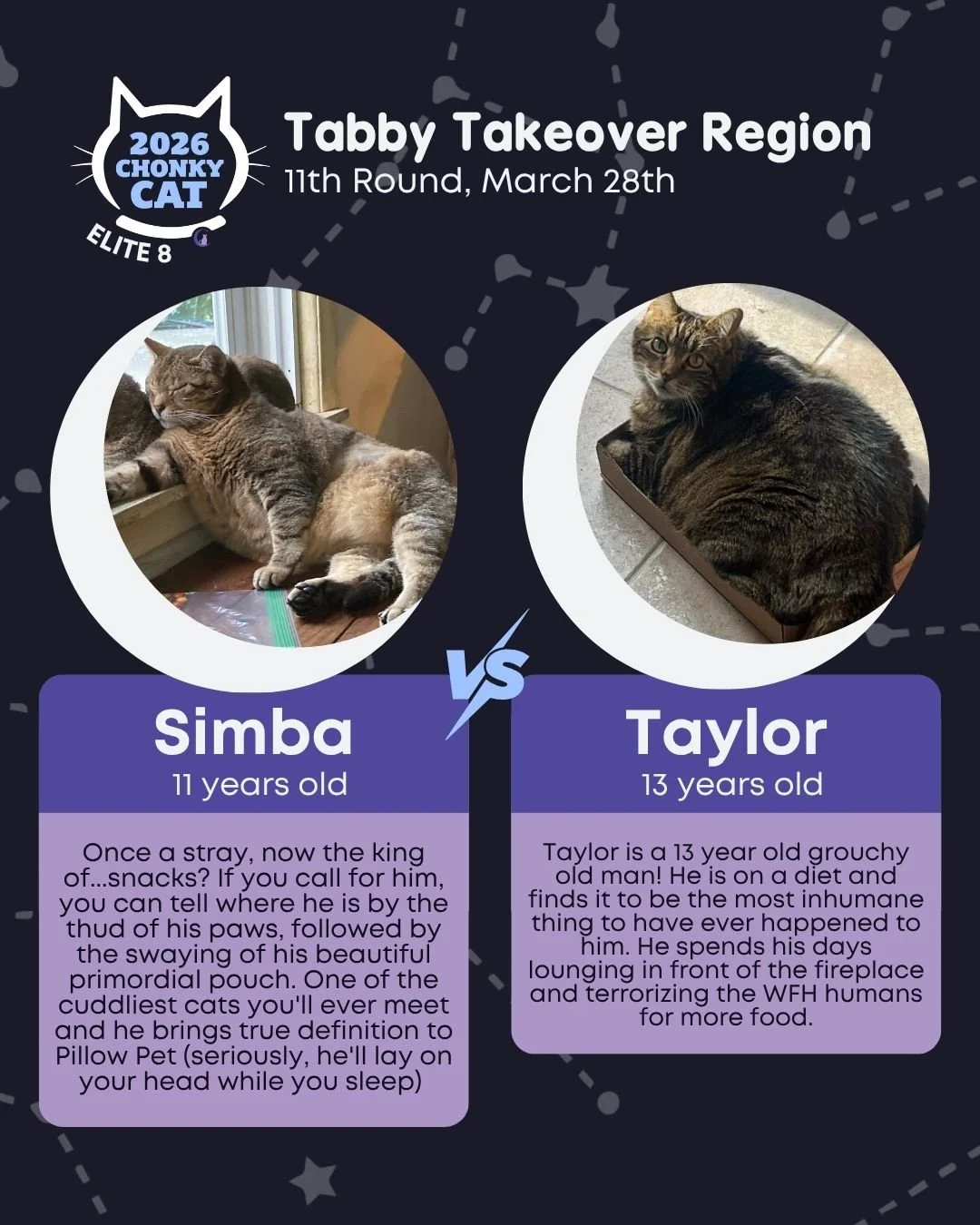 Welcome to the Elite 8 taking over your Caturday (and Sunday too!). Winners will be representing their region in the Final 4! Voting ends on Sunday, March 29th at 10AM. Read below on how to get your votes submitted.

Today's matches are:
⭐ Simba vs. 