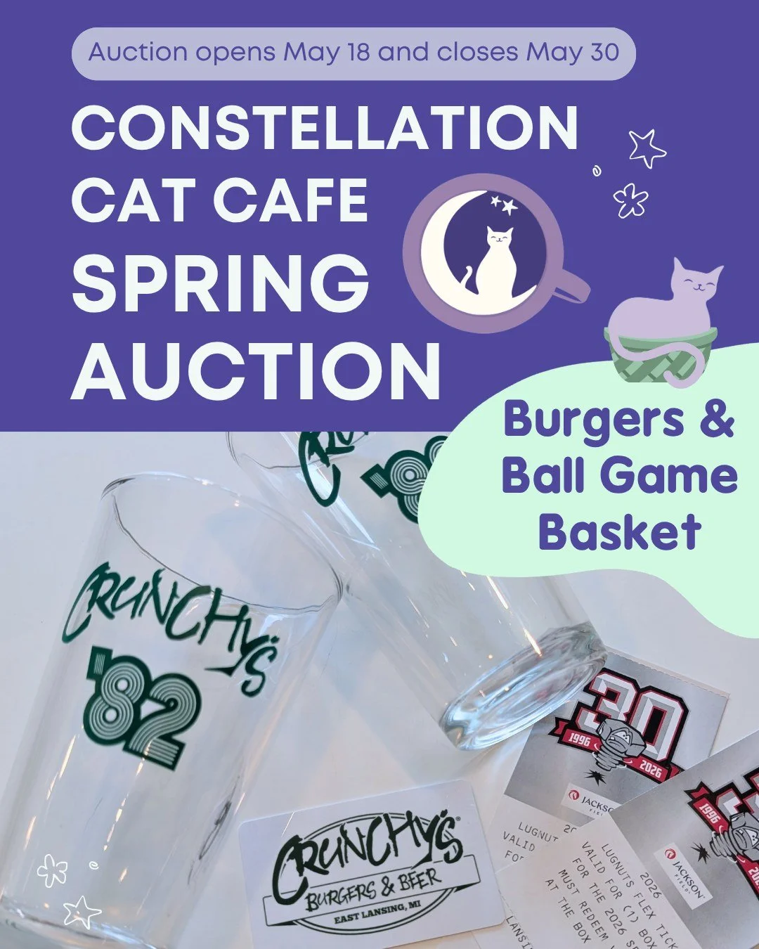 If you love burgers &amp; ball games, add these two baskets to your must-bid list! 

Thank you @crunchysel, @thepeanutbarrel, and @lansinglugnuts for supporting our 2026 Spring Auction! Our auction goes live online starting Monday, May 18th through S