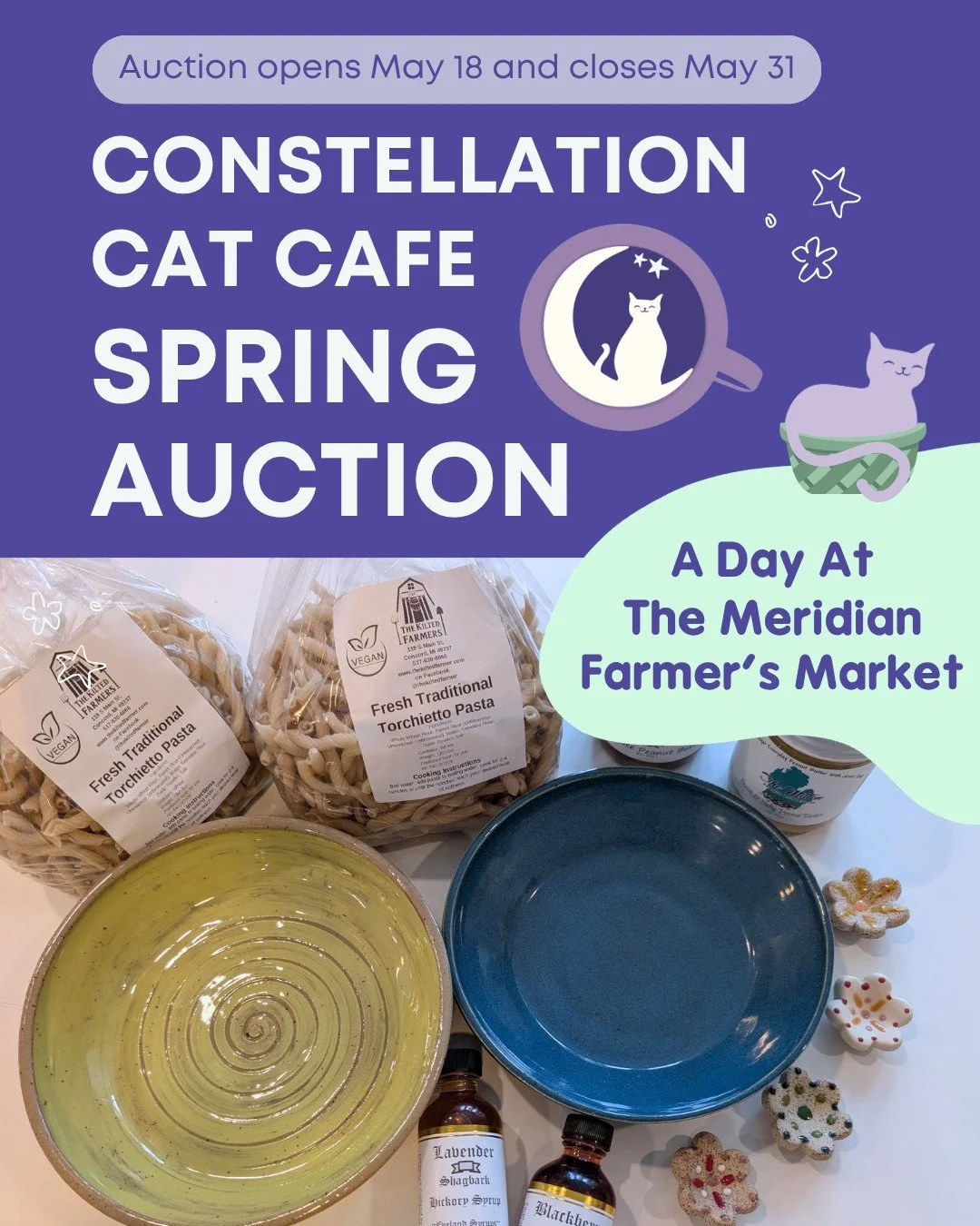 Our annual Spring Auction has baskets that bring Farmer's Market favorites right to you! Thank you to @fireinthesoul_ceramics, Chickkadee Goat Milk Soap, @fae_findings, The Kilted Farmers, The Mitten, Eveland Syrups, @artfulceramics, lokee Studios, a