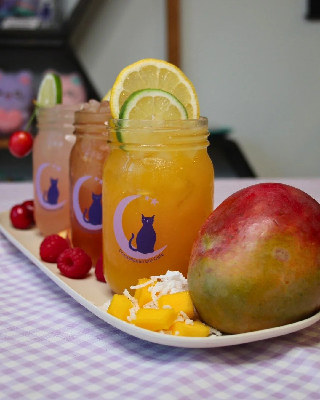 Our Summer Menu is here! 🔅💜

Come in today to try our new Mango Coconut Mocktail, Peach Pie Cold Brew, and other specials purrfect for a sunny day spent in Old Town visiting the cats. 

Which are you trying first?