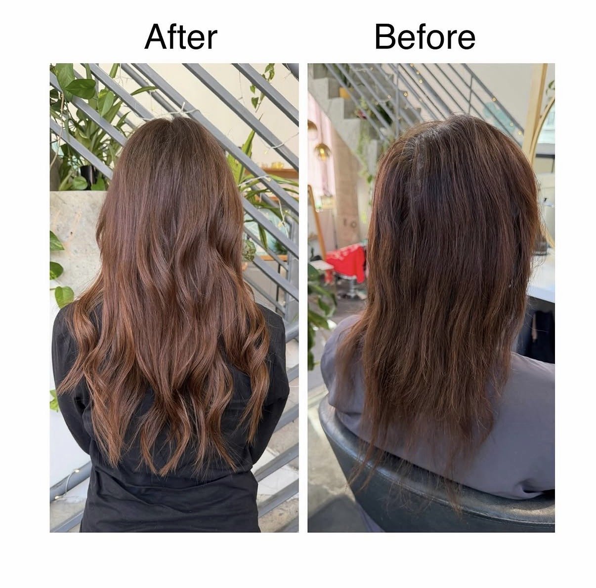 Before and after hair extension transformation showing fuller longer hair at Gem House Salon in Greenpoint Brooklyn