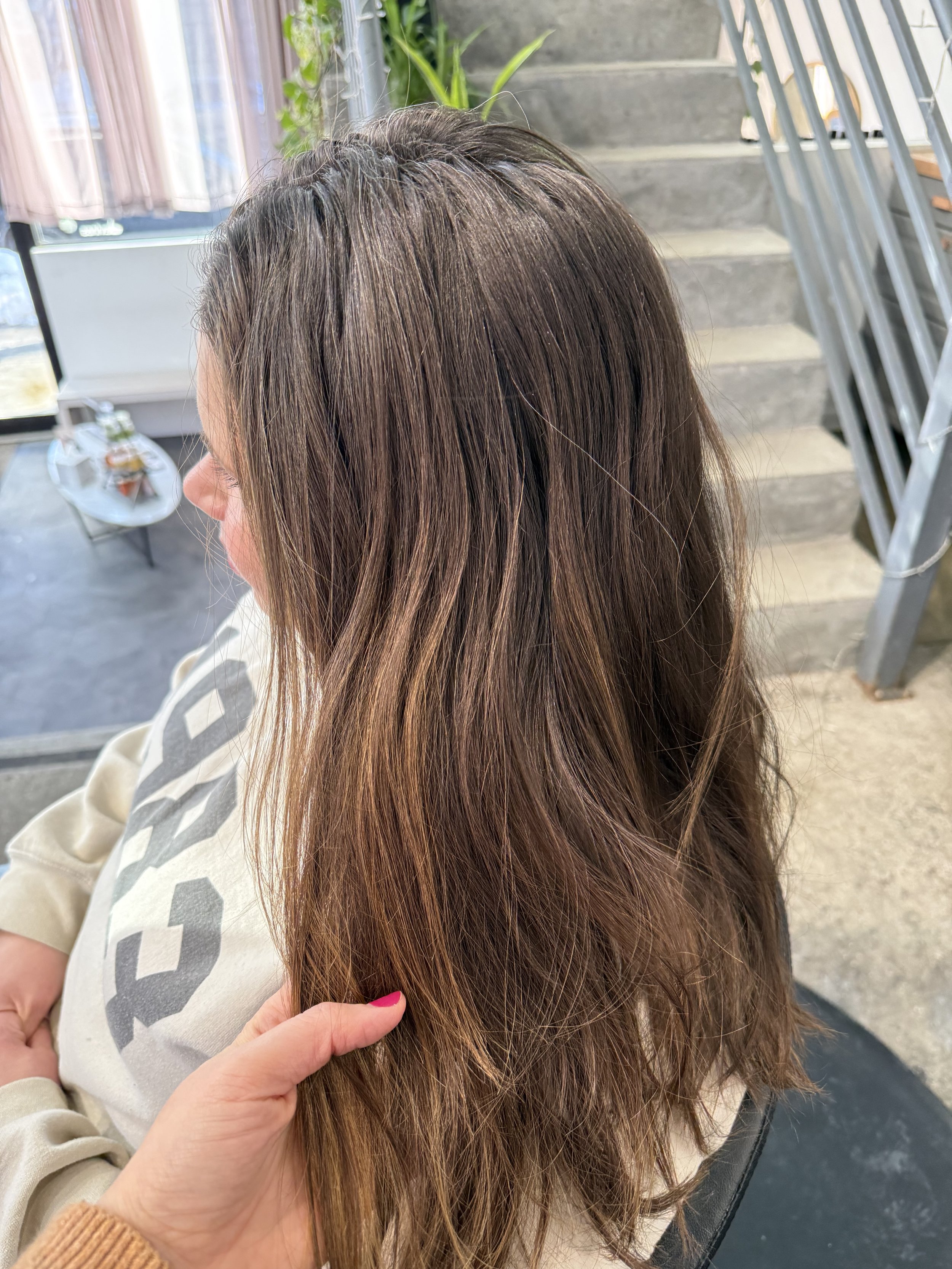 Before photo of natural grey regrowth prior to balayage and lowlight grey blending at a Greenpoint Brooklyn hair salon.