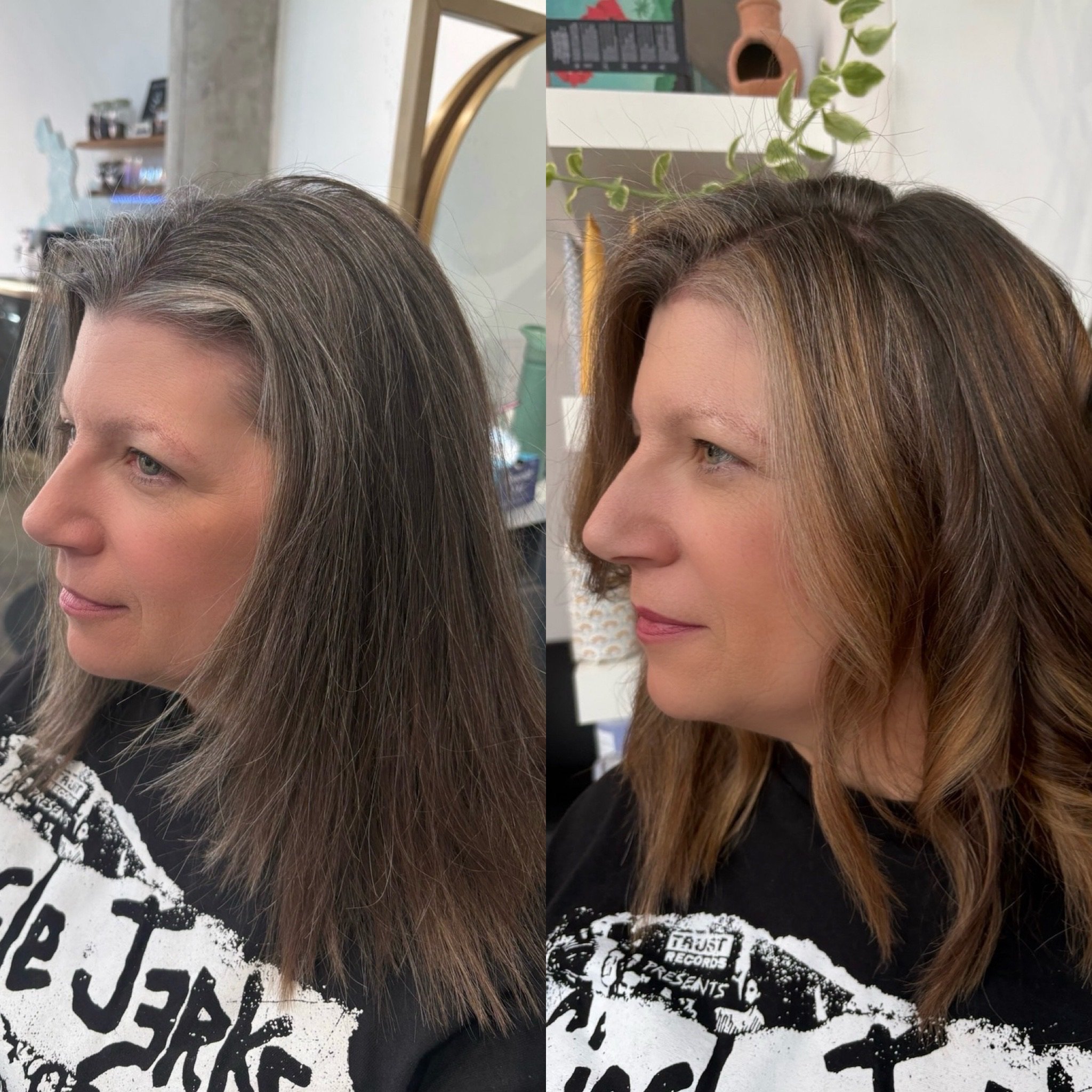 Before grey blending transformation showing natural grey regrowth and existing hair color at Gem House Salon in Greenpoint, Brooklyn.
