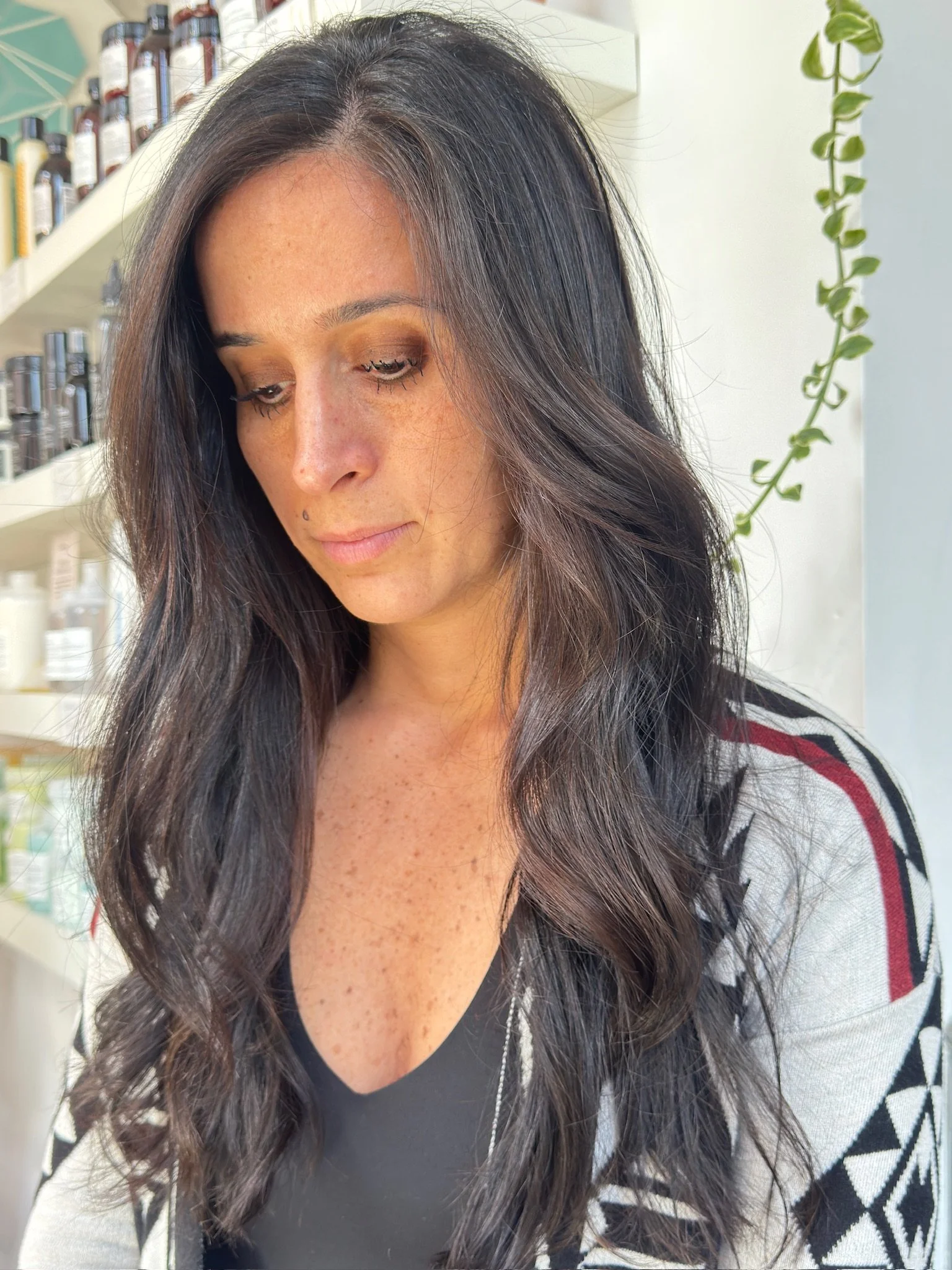 Glossy dimensional expensive brunette hair color at Gem House Salon in Greenpoint Brooklyn