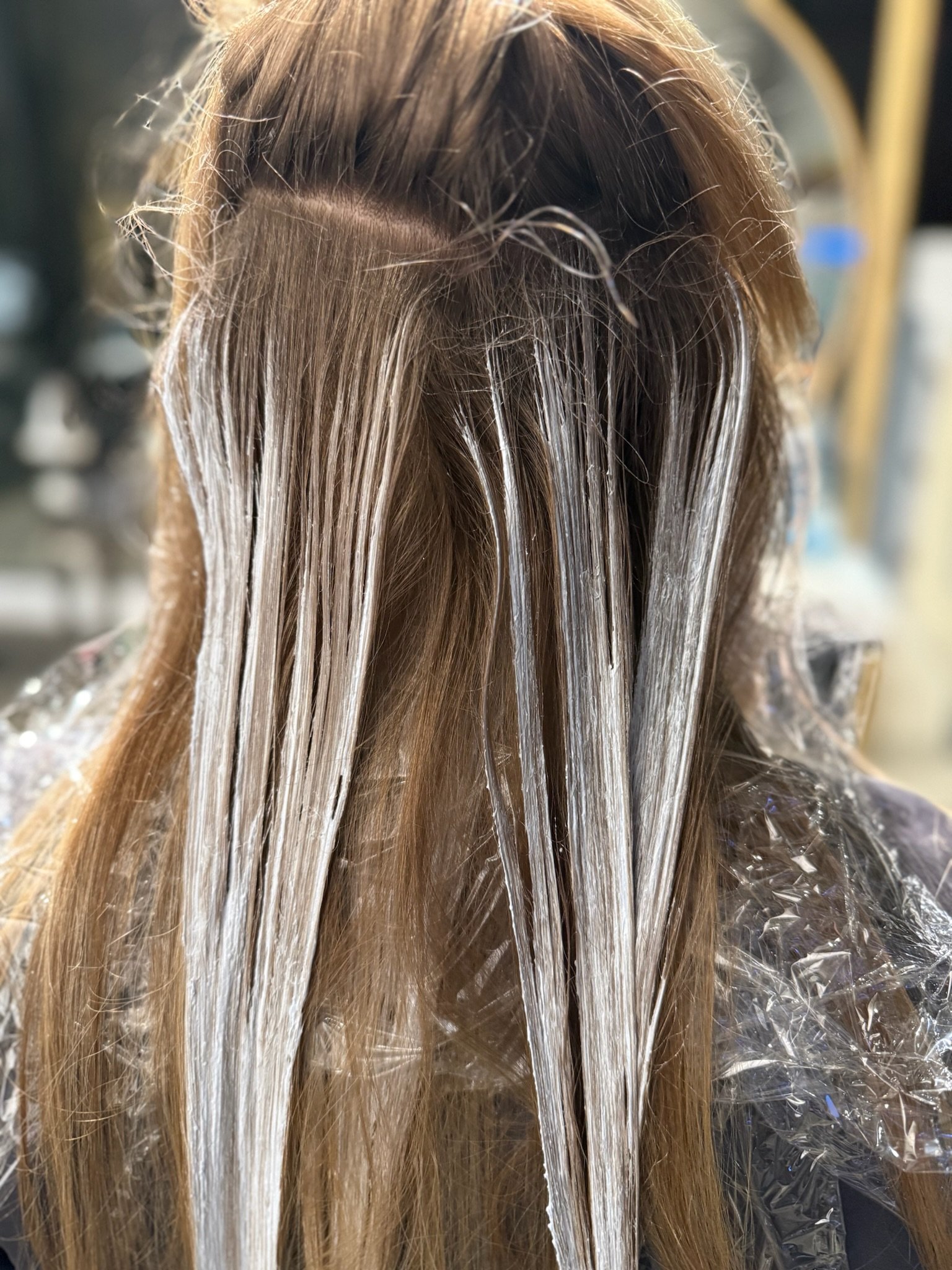 londe balayage highlights lifting during processing at Greenpoint Brooklyn hair salon for dimensional blonde color NYC