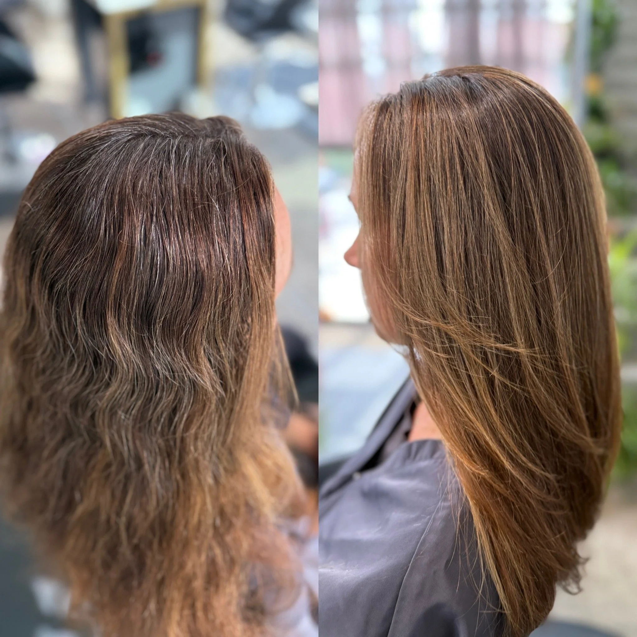 Dimensional grey blending with soft silver highlights and natural-looking brunette tones at Gem House Salon in Greenpoint Brooklyn.