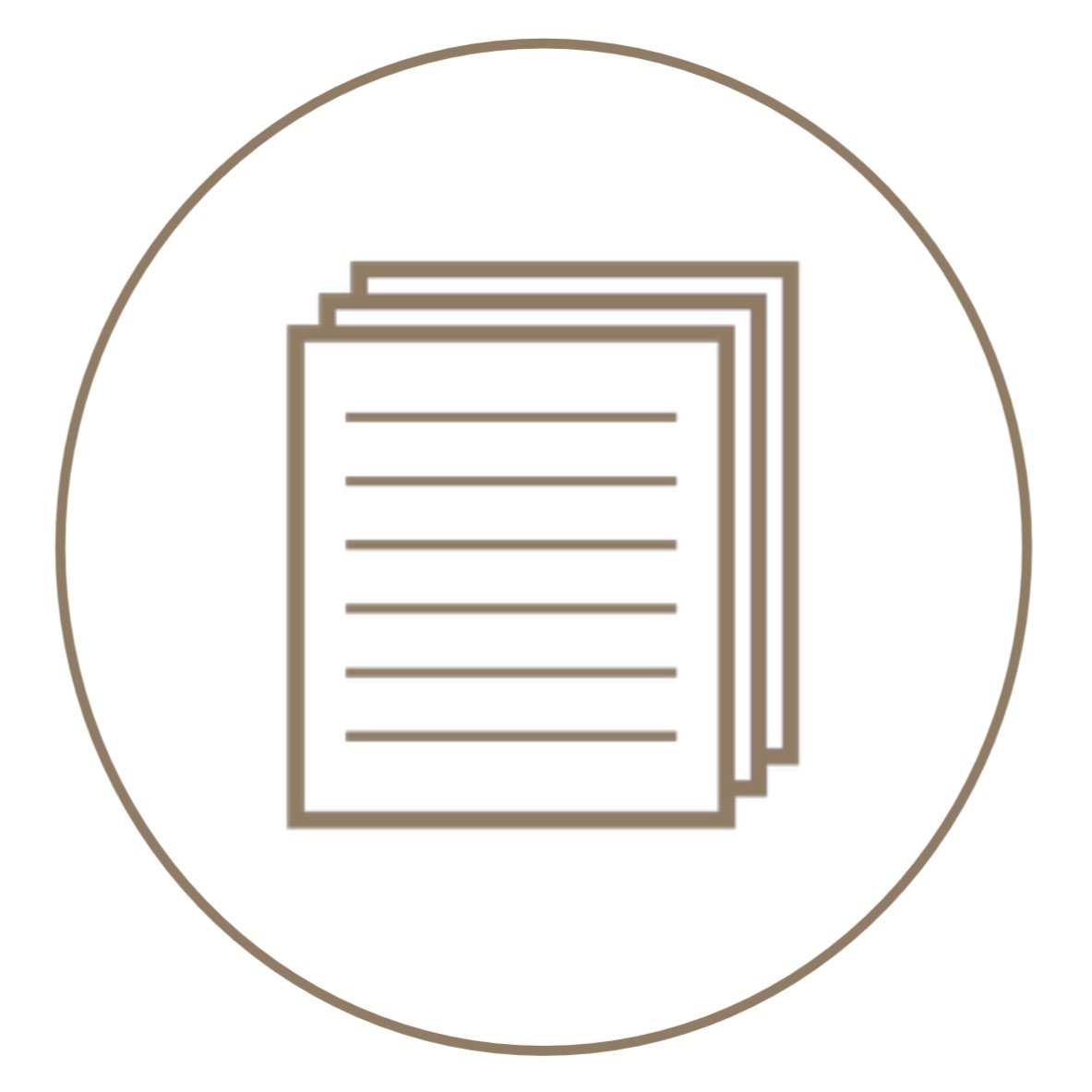 Icon of multiple sheets of paper with lines, inside a circular border.
