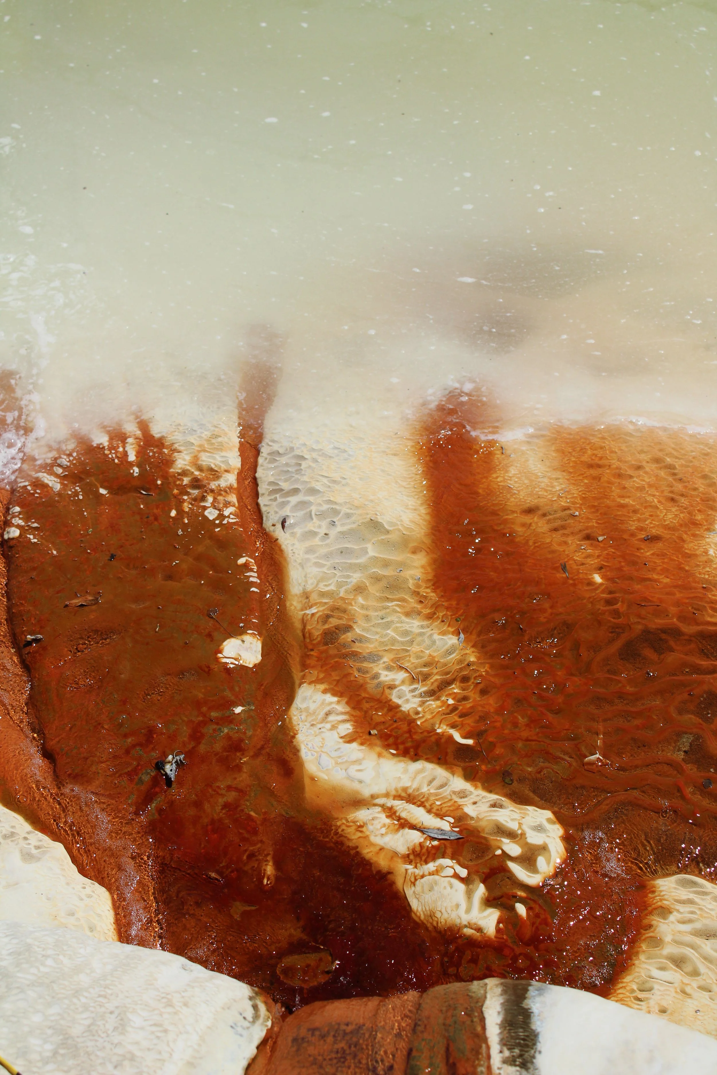Vista de una fuente termal con aguas de tonalidades marrón, beige y blanquecina, con vapor saliendo y superficie con textura rugosa.