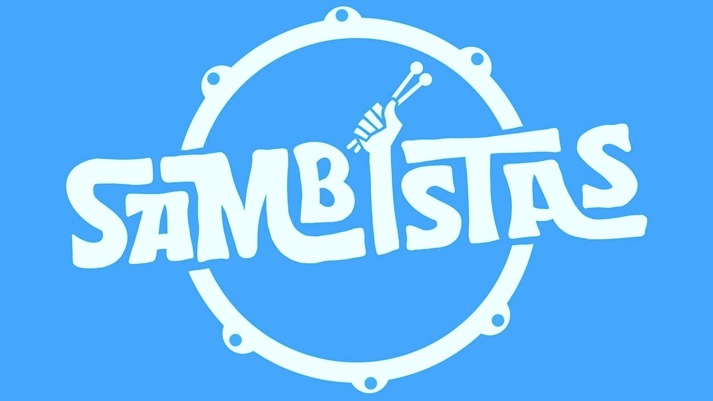 Blue background with white stylized text that reads 'SAMBAST', with a circular design behind the text and a stylized pair of drumsticks sticking out of the middle of the word.