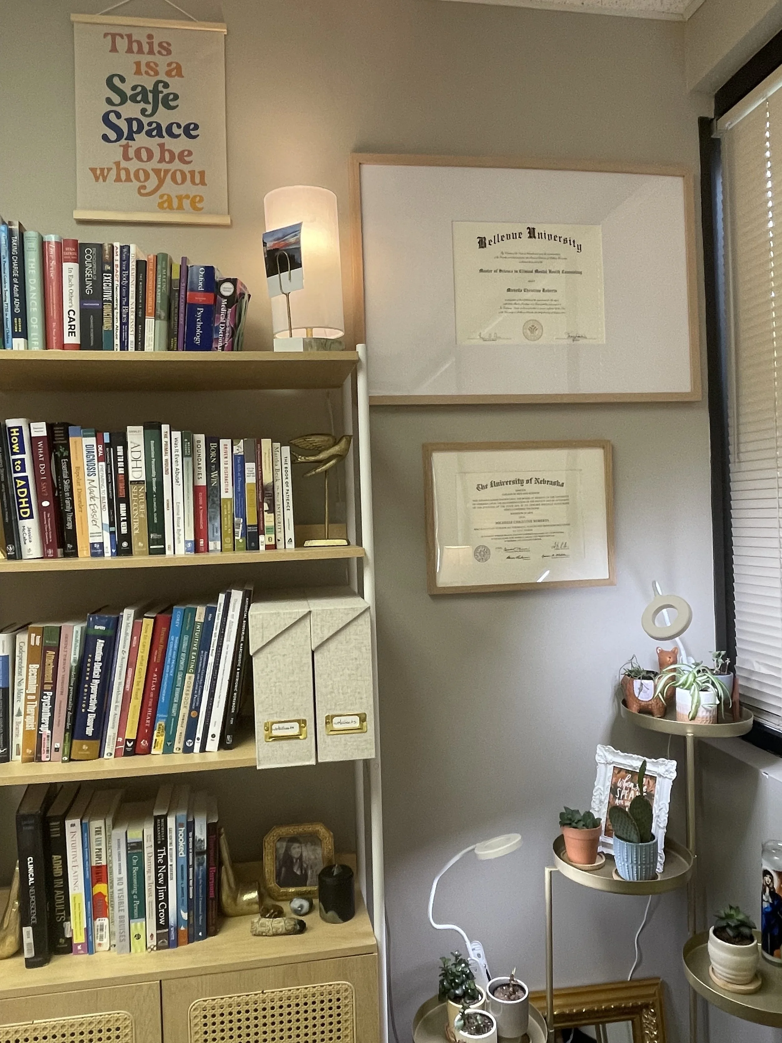 A corner of a room with shelves filled with books, plants, framed photos, and decorative items. A framed diploma from Bellevue University hangs on the wall, alongside a smaller framed certificate from the University of Nebraska. A white lamp with a photo clip on top and a light-colored wall with a window and blinds are also visible.