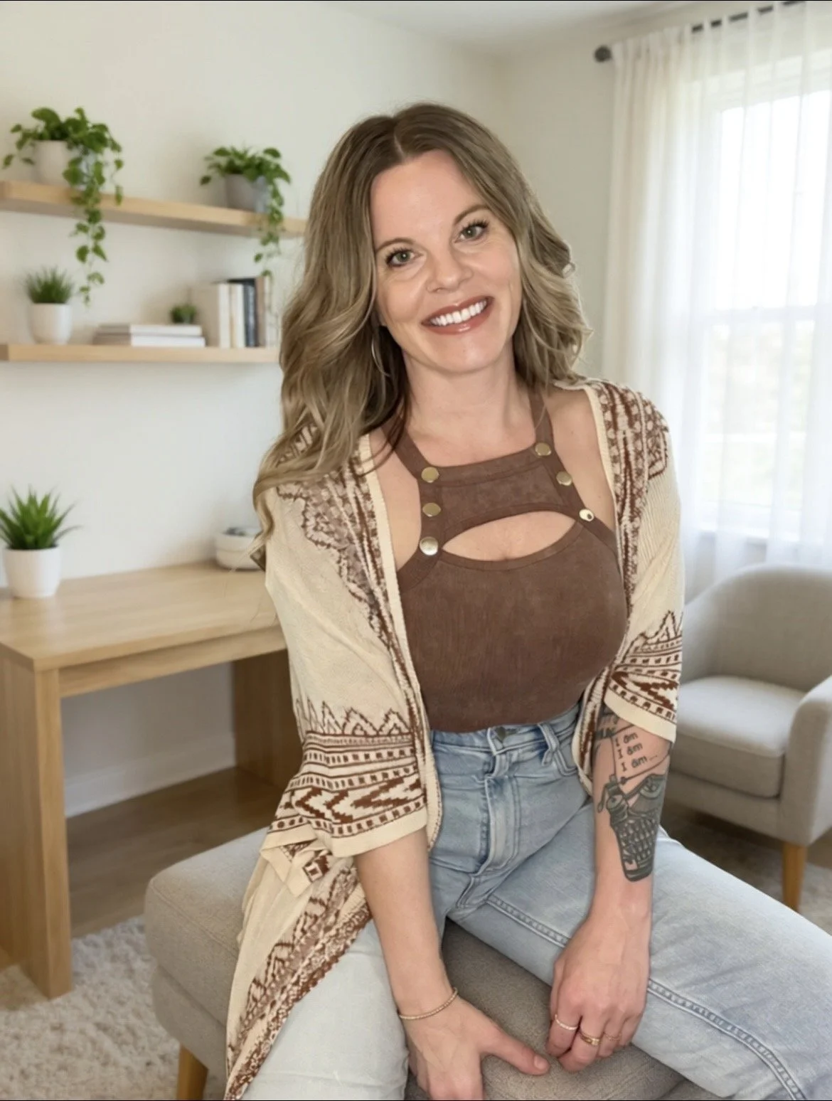 A woman with wavy brown hair smiling, sitting in a bright living room with beige walls, a wooden desk, and two shelves with plants and books. She is wearing a brown top with metal details, a patterned cream and brown cardigan, and light blue jeans with tattoos on her left arm.