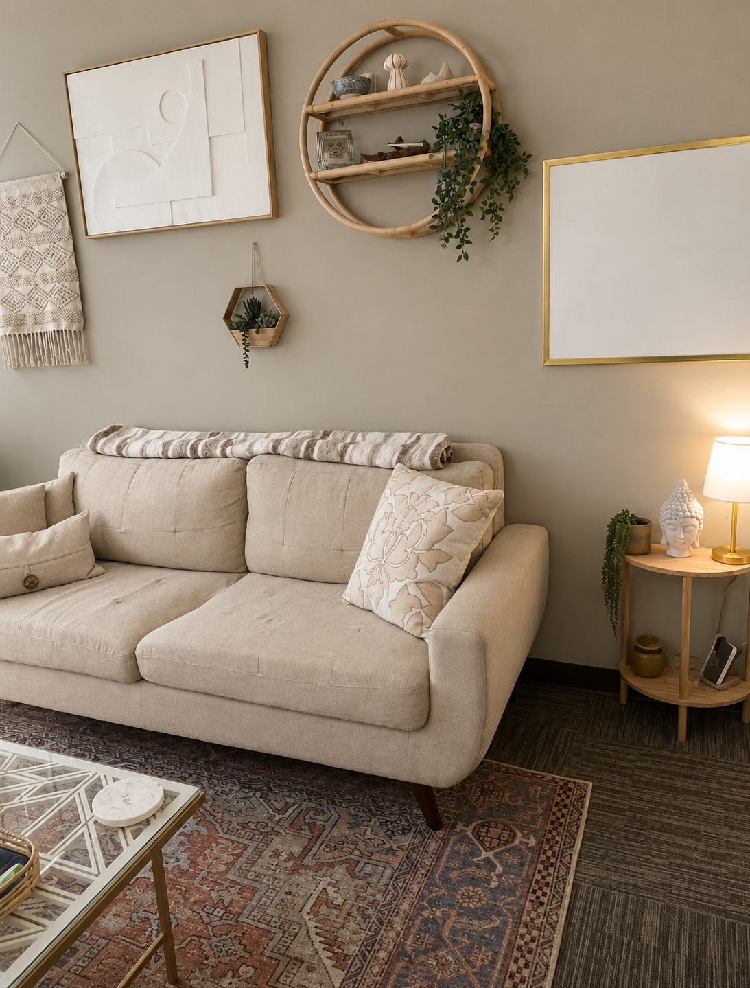Living room with beige sofa, wall art, wooden shelves, plants, table lamp, and decorative items.