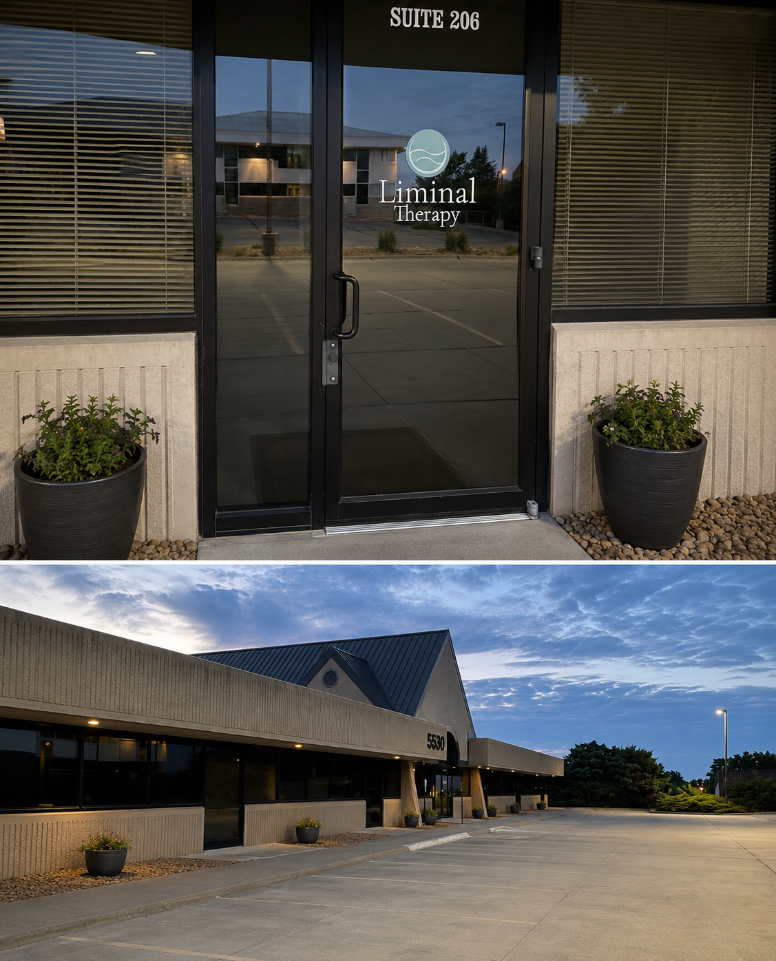 Exterior of a building with the sign 'Liminal Therapy' on the glass door, suite 206. The building has planters with flowers, large windows with blinds, and a parking lot outside. The sky is partly cloudy during dusk.