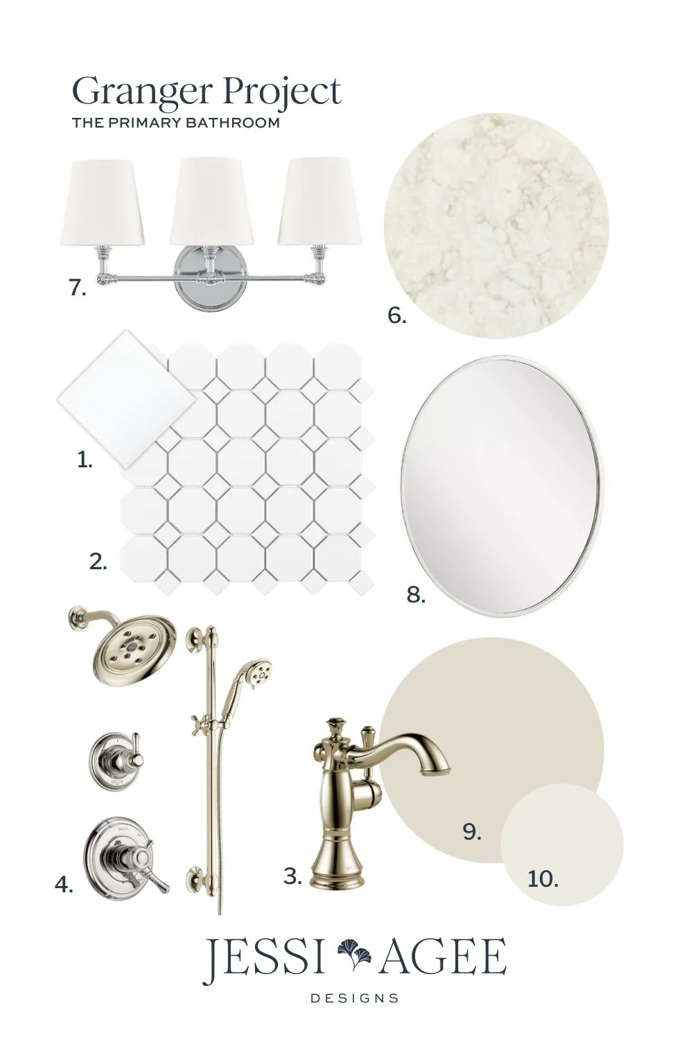 Primary bath design board: white tile, octagon floor tile, polished nickel Delta Cassidy fixtures, oval mirrors, quartz and paint.