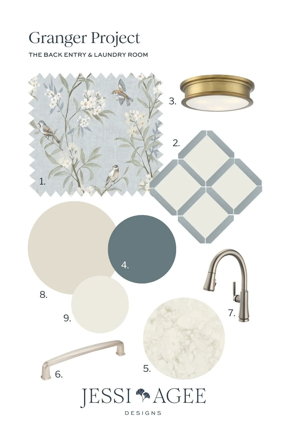 Back entry and laundry design board: light blue bird wallpaper, blue-and-white floor tile, brass flush mount, Providence Blue paint.