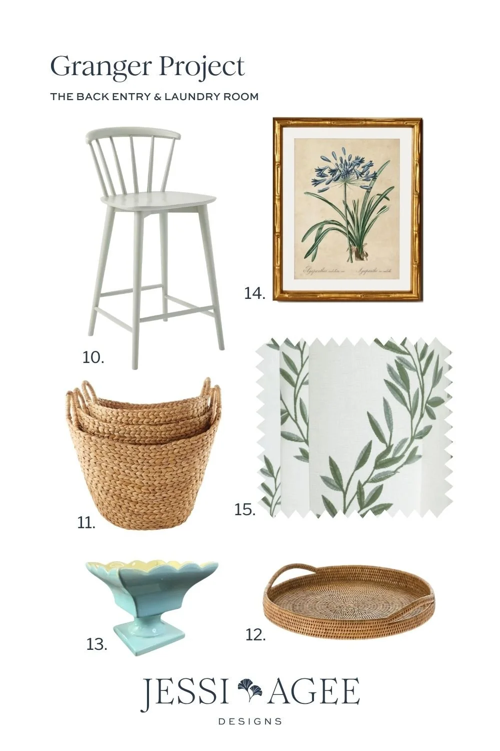 Laundry styling board: sage counter stool, woven hampers, botanical print, rattan tray, blue vintage bowl and green leaf curtain fabric.