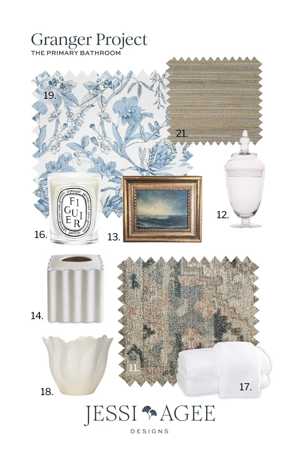 Primary bath styling board: blue floral curtain fabric, Diptyque candle, seascape art, apothecary jar, white vase, towels and runner.
