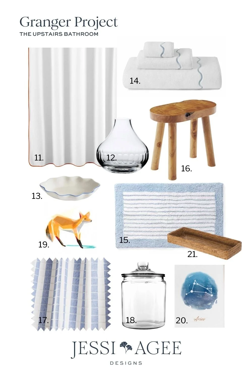 Upstairs bath styling board: white shower curtain, glass vase, teak stool, blue bath mat, fox print, glass jar and striped curtains.