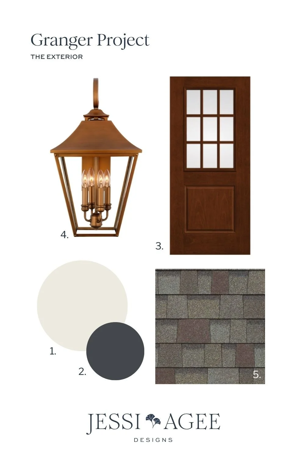 Granger Project exterior design board: copper lantern, mahogany front door, Alabaster and Cyberspace paint swatches, shake roof shingle.