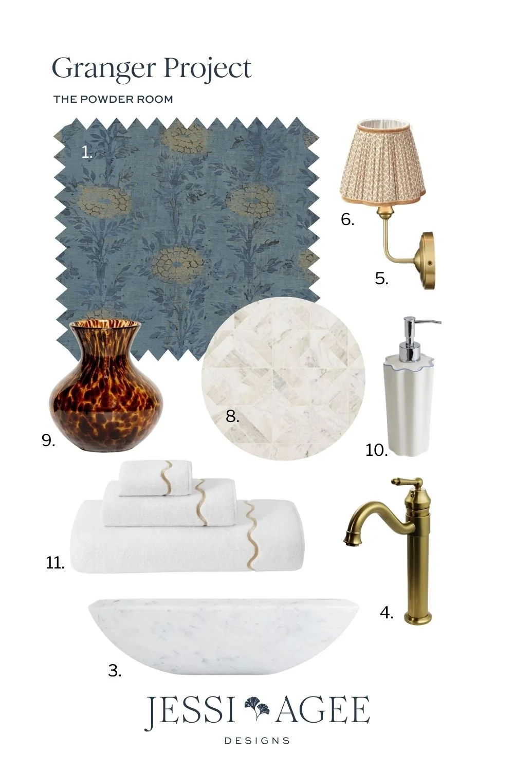 Powder room design board: navy and gold floral wallpaper, pleated lampshade, brass vessel faucet, marble vessel sink and accessories.