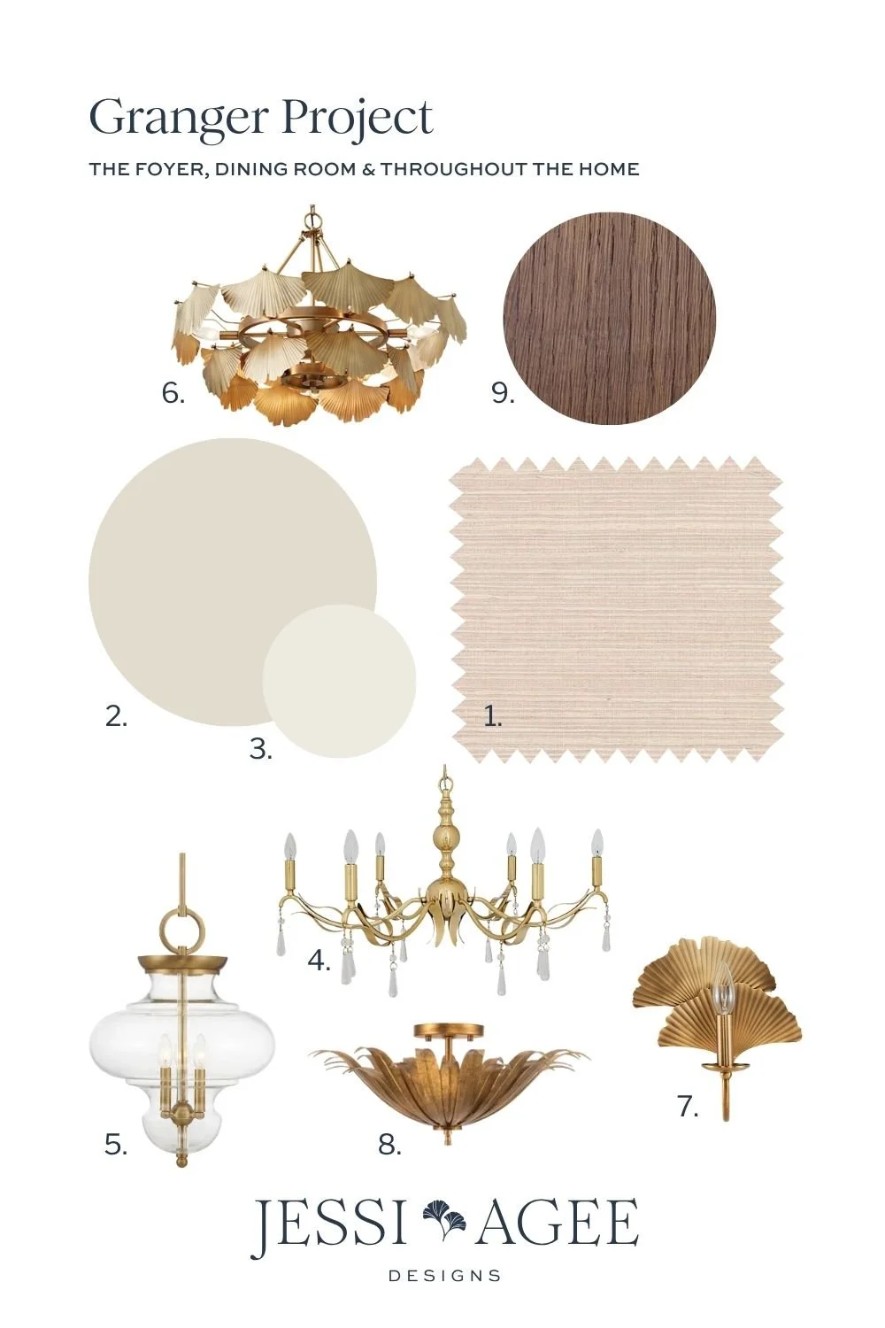 Foyer, dining and whole-home design board: linen grasscloth, Natural Choice and Alabaster paint, gold ginkgo lighting, oak floor sample.