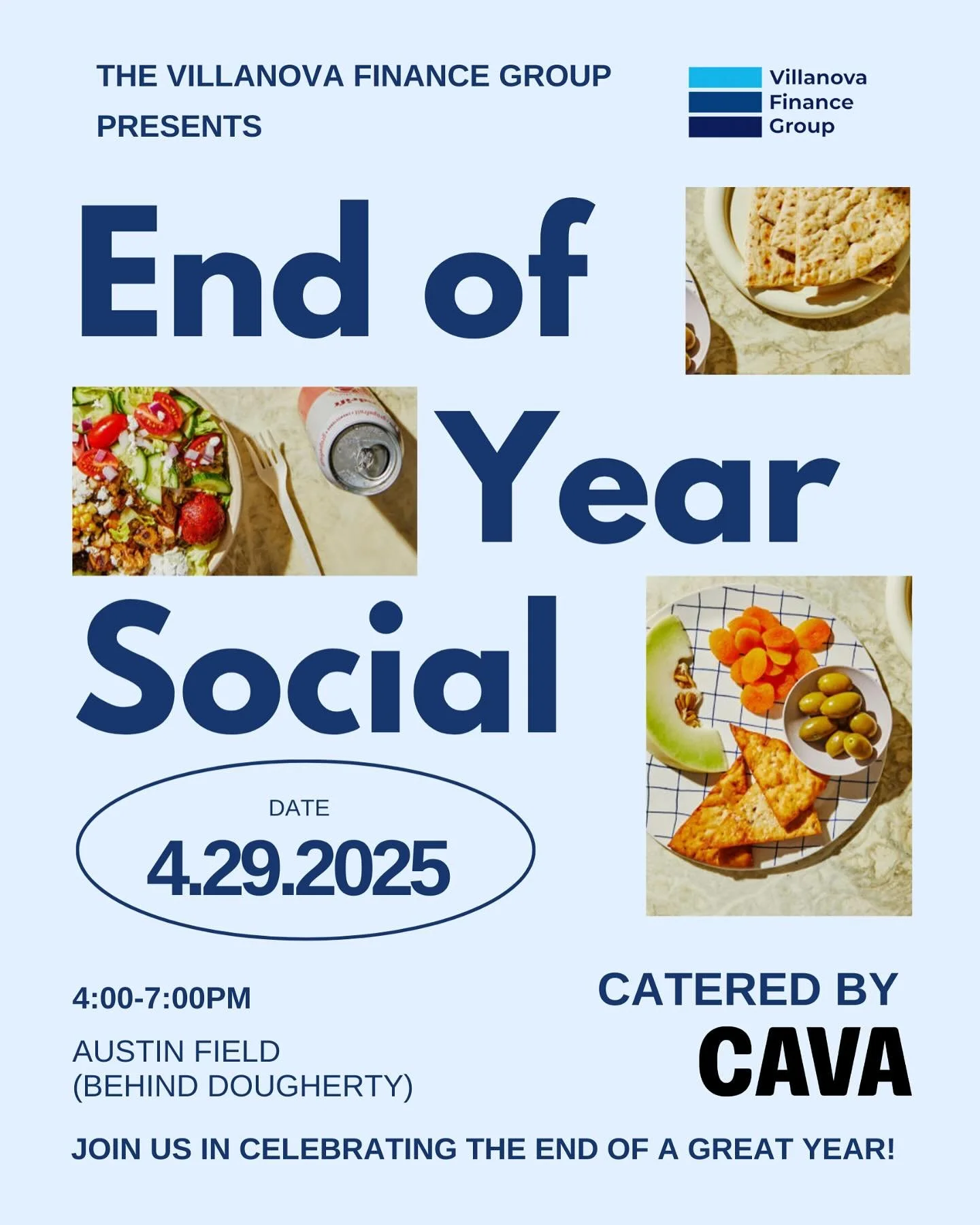 Join us to celebrate together at our End of Year Social next Tuesday! It'll directly follow the freshman case competition &amp; there will be free CAVA. Everyone in VFG &amp; its subsocieties is welcome!