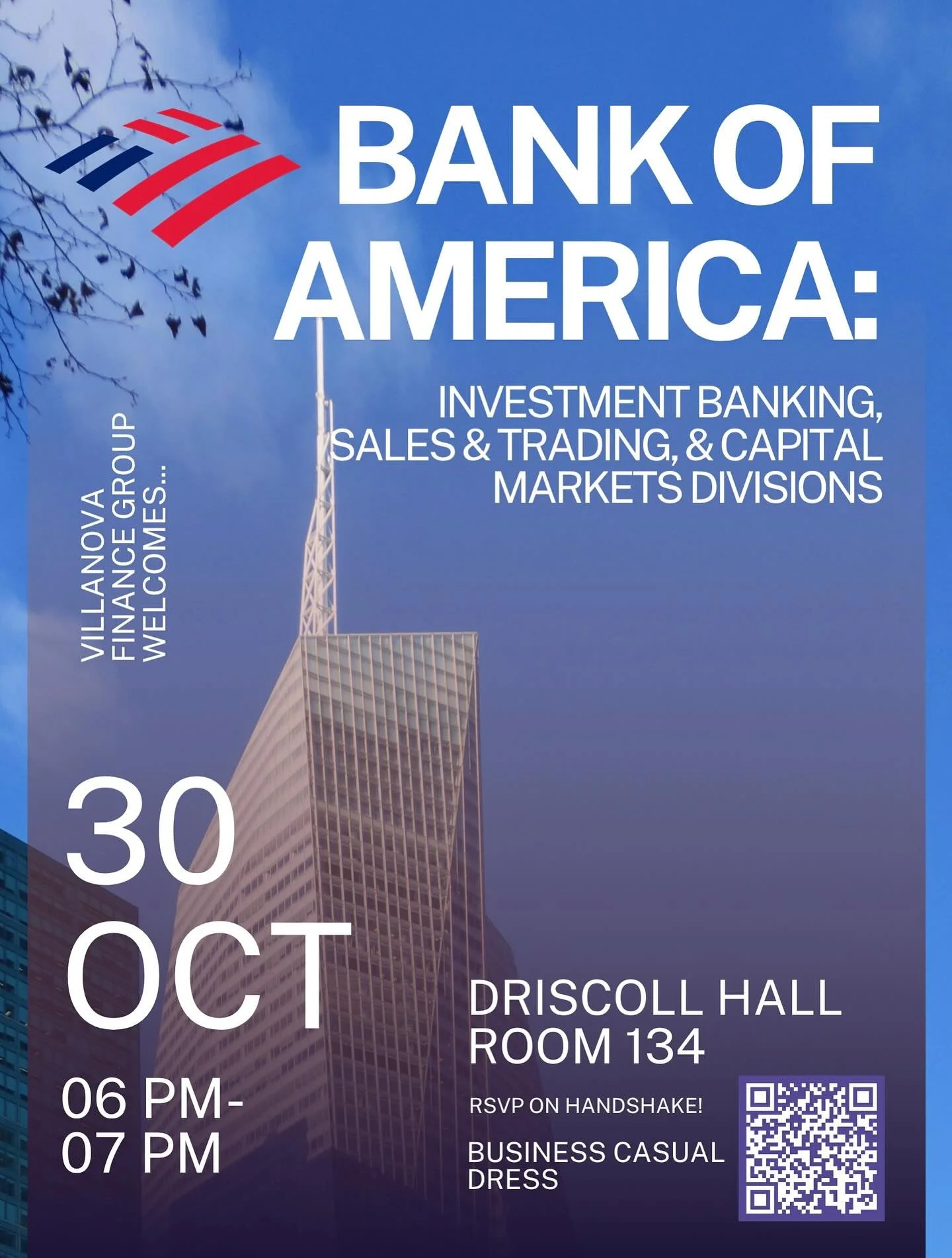 Bank of America will be on campus next week! Register on Handshake and join us on Thursday, October 30 to hear from BofA's investment banking, sales &amp; trading, and capital markets divisions!