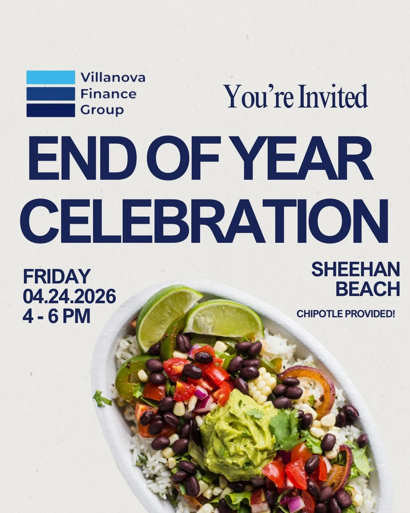 Join us to celebrate the end of a great year this Friday from 4-6 pm! Chipotle will be provided, everyone in VFG &amp; its sub-societies are welcome