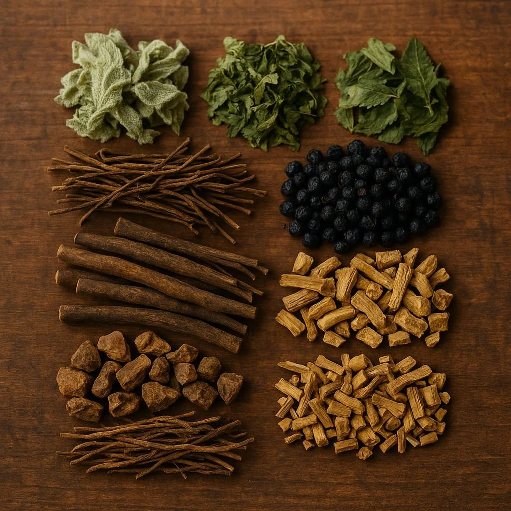 Various dried herbs, berries, and roots arranged on a wooden surface.