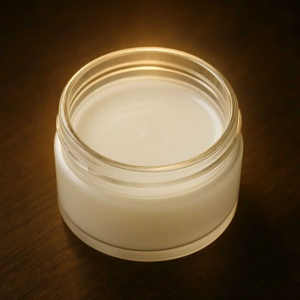 Empty cream-colored cosmetic jar on a dark wooden surface