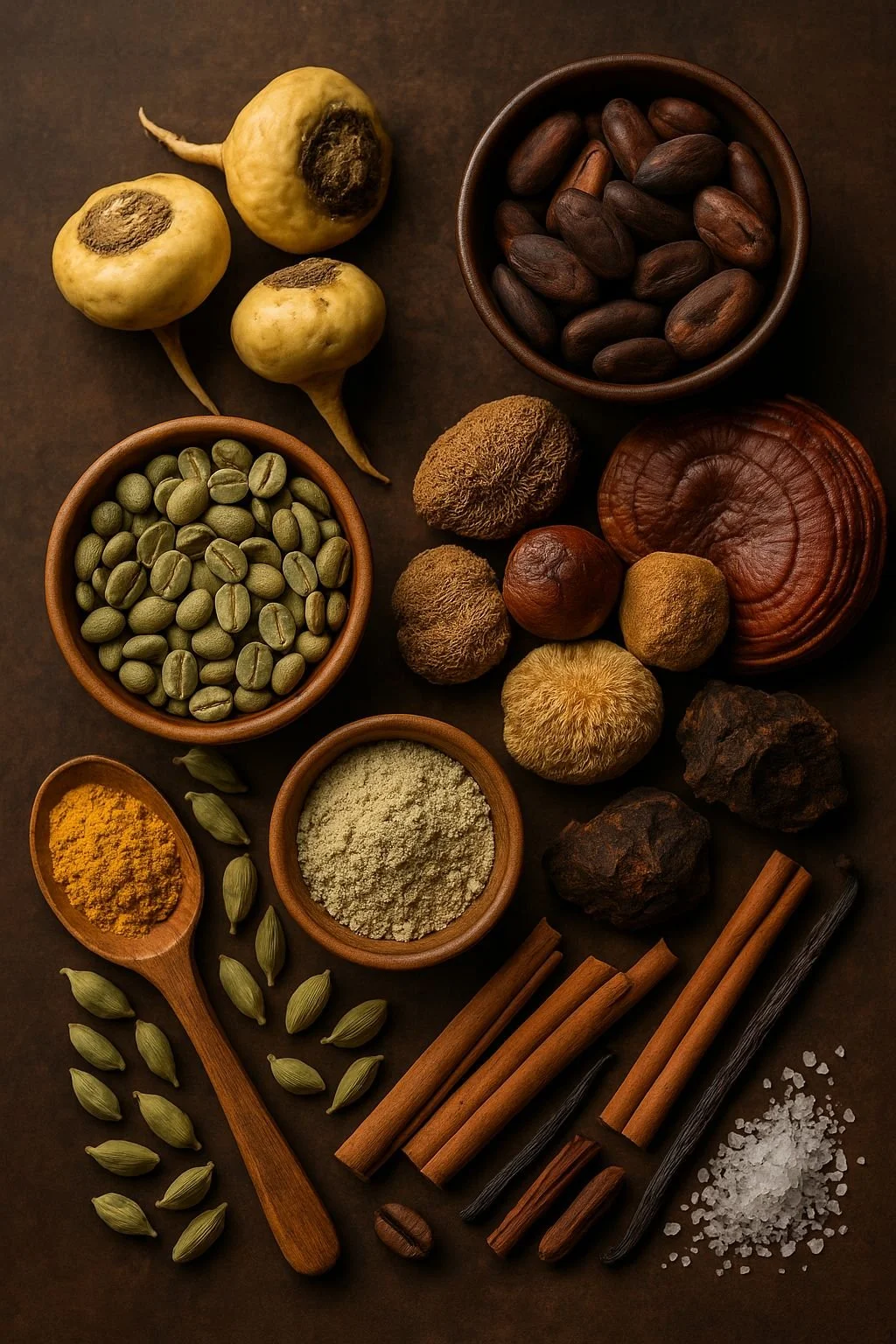 Assorted spices and dried herbs, including cinnamon sticks, cardamom pods, turmeric powder, dried mushrooms, dried herbs, salt, and various dried fruits and seeds arranged on a dark background.