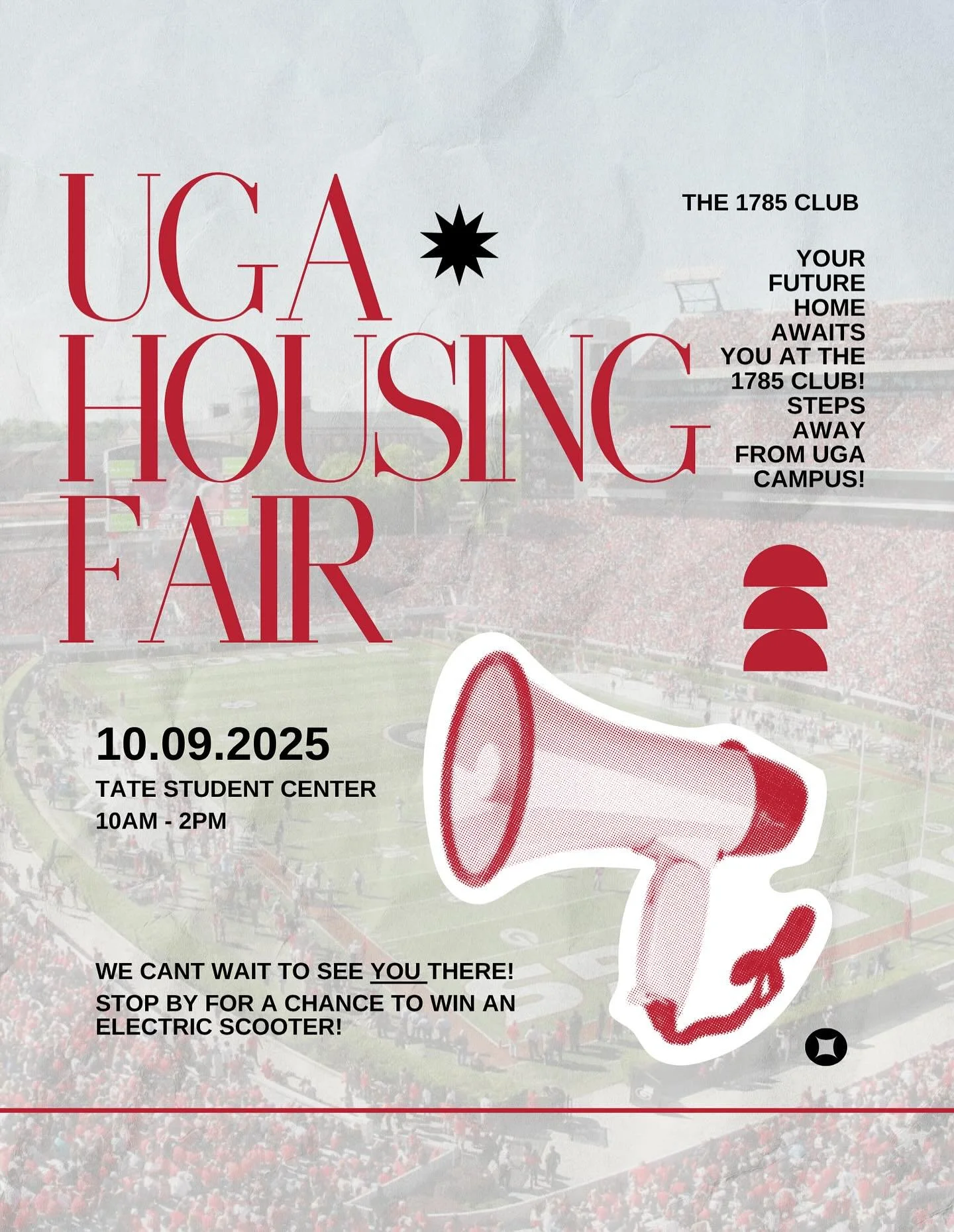 Join us at the UGA Housing Fair today from 10&ndash;2 PM in the Tate Grand Hall! Learn more about life at The 1785 Club and why our residents call it home. ❤️🖤