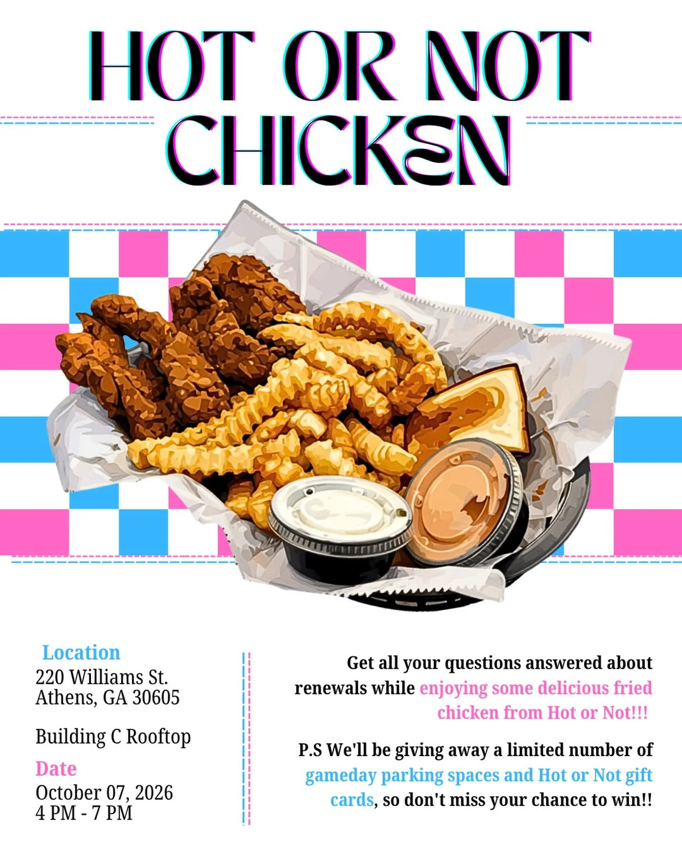 Hot or Not Fried Chicken, exclusive giveaways, and renewal/leasing information all in one place! Join us for our Hot or Not Resident Event and learn how to secure your space for next year before rates and availability change!!
.
.
.
.
.
#friedchicken