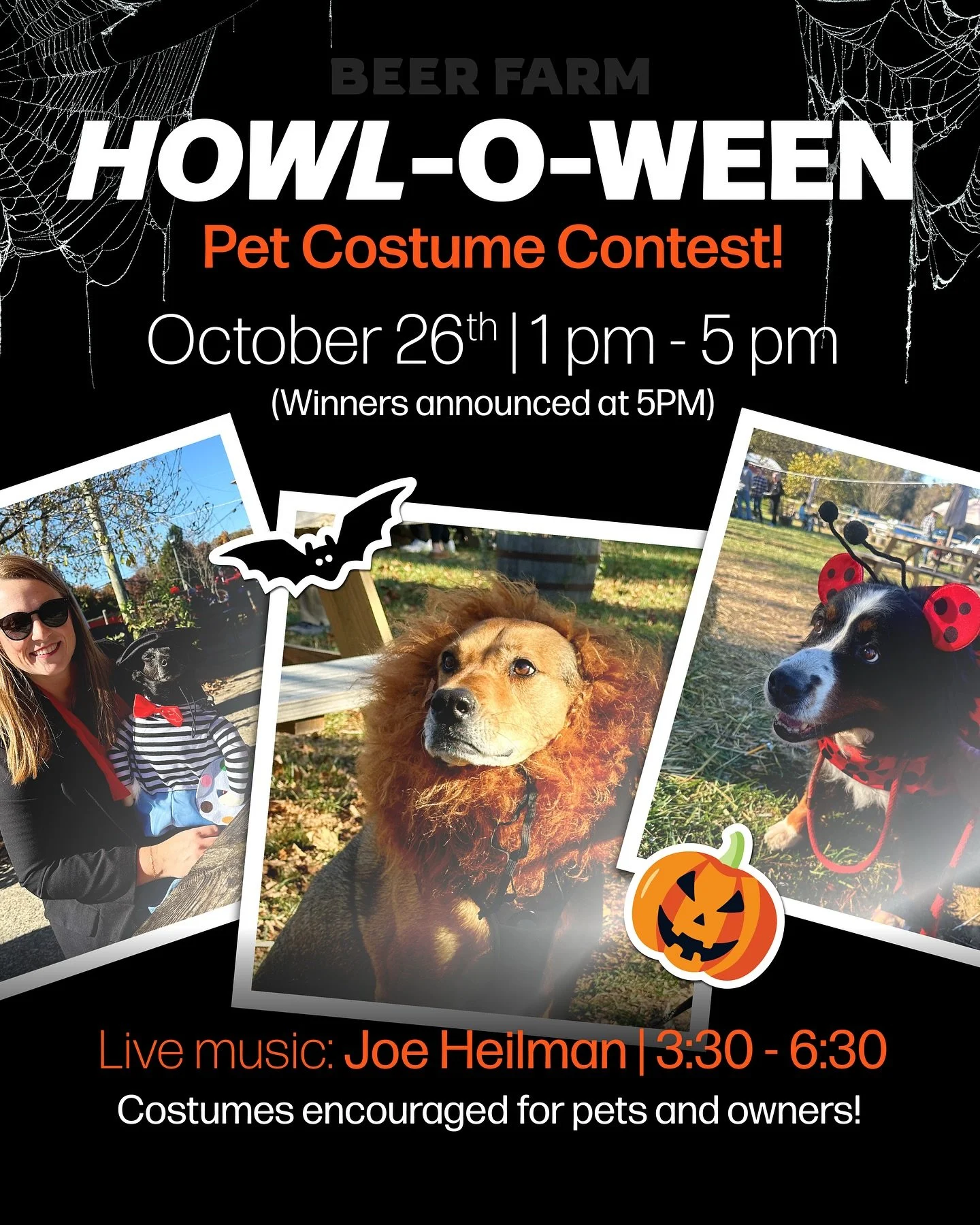 HOWL-O-WEEN is back!! 🐶 Join us Sunday, October 26th from 1-5 PM for our annual Pet Costume Contest 🎃 Spend the afternoon with adorable pups, live music from Joe Heilman 3:30-6:30, and plenty of fall fun 👻 Costumes are encouraged for pets and owne
