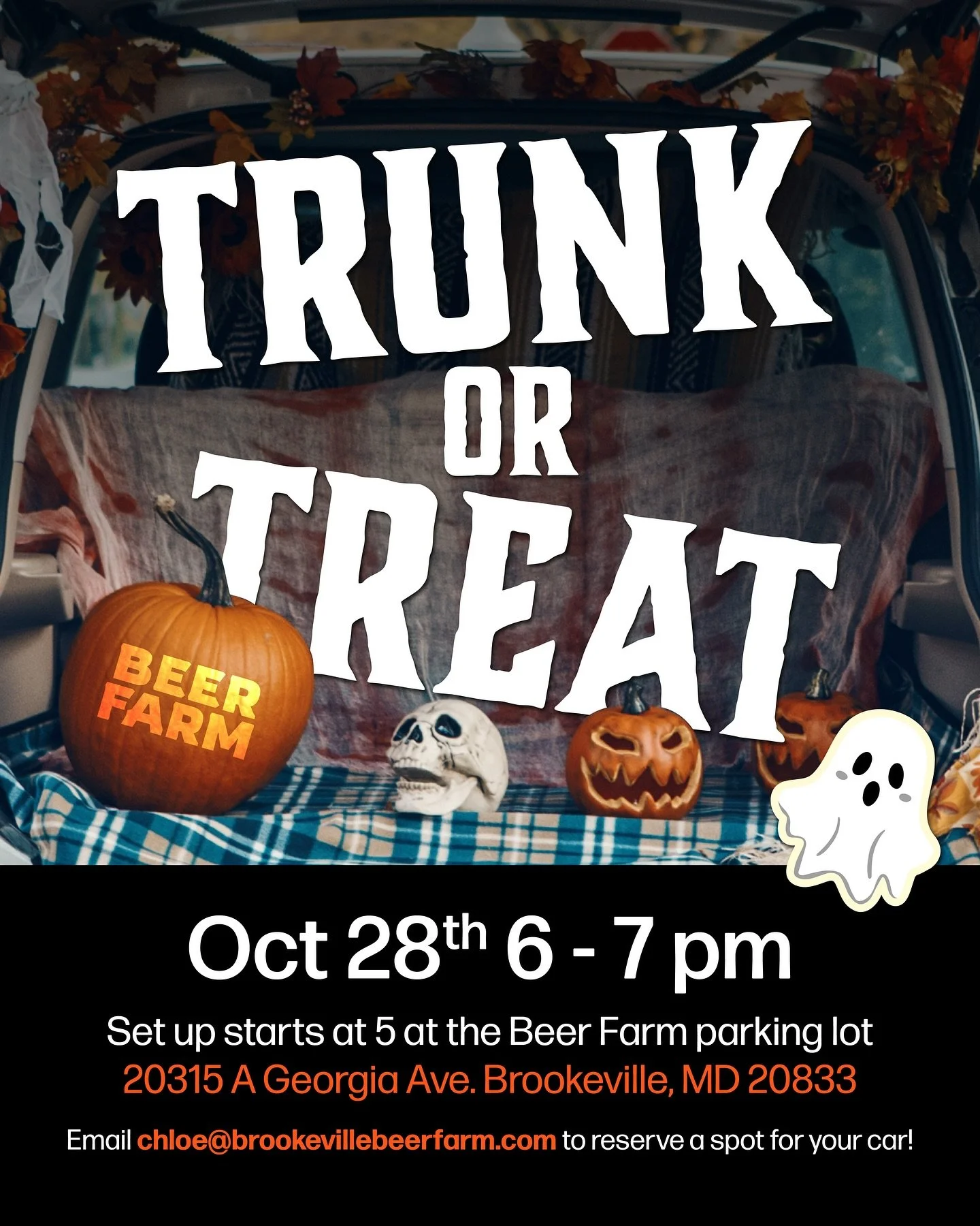 Join us Tuesday, October 28th from 6-7 PM for a family-friendly evening of costumes, candy, and decorated trunks 🎃 Want to join the fun and decorate your car? Email chloe@brookevillebeerfarm.com to reserve your spot! 👻 #TrunkorTreat #Halloween #Bee